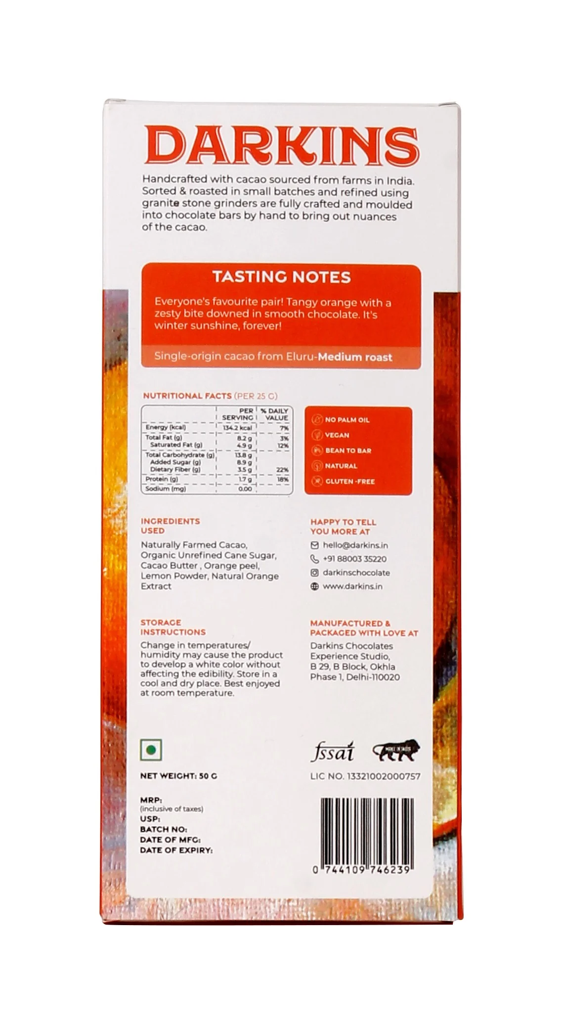 63% Artisanal Dark Chocolate with Orange, 50g - Image 2