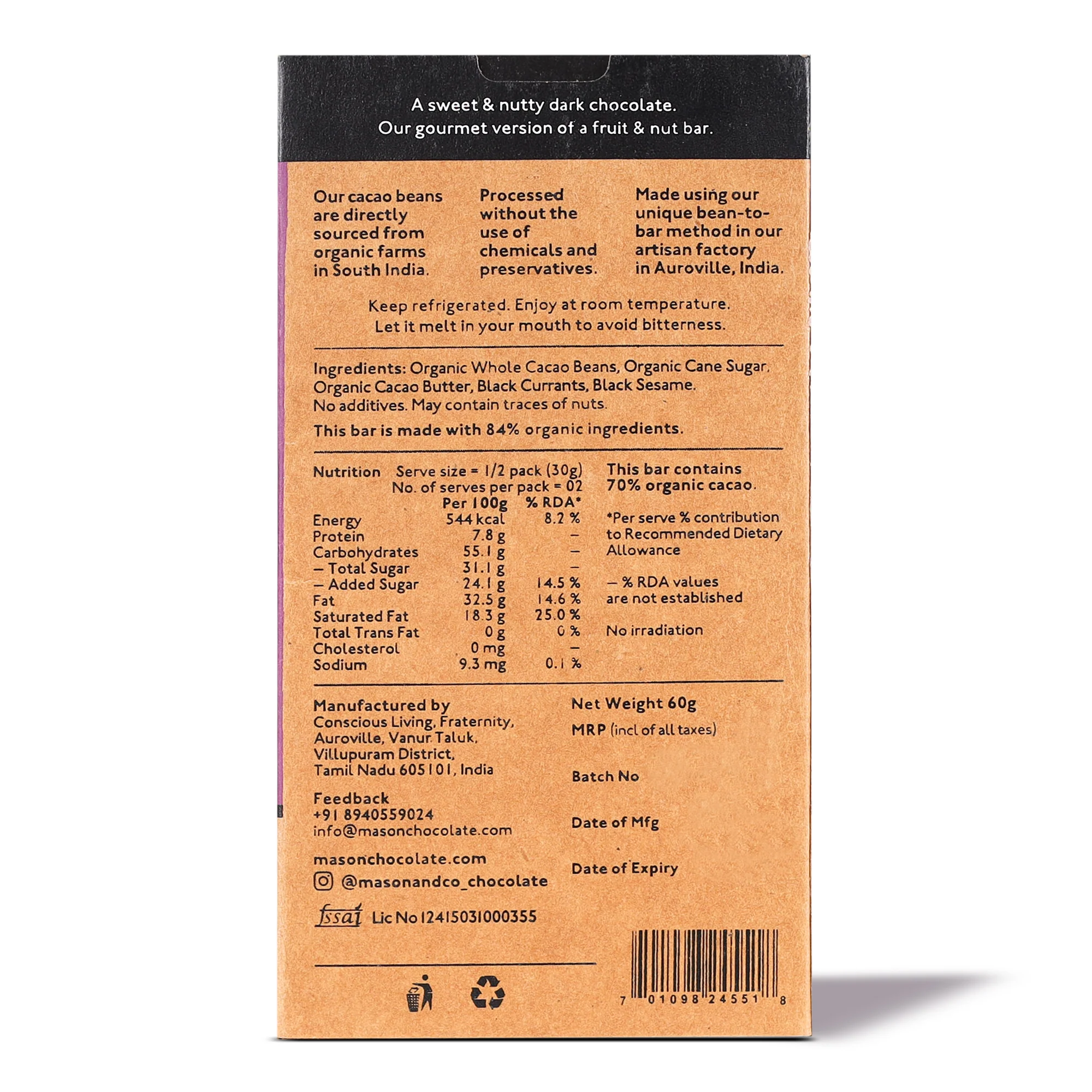 70% Black Sesame & Black Currant Dark Artisanal Chocolate Bar, 60g - Image 2