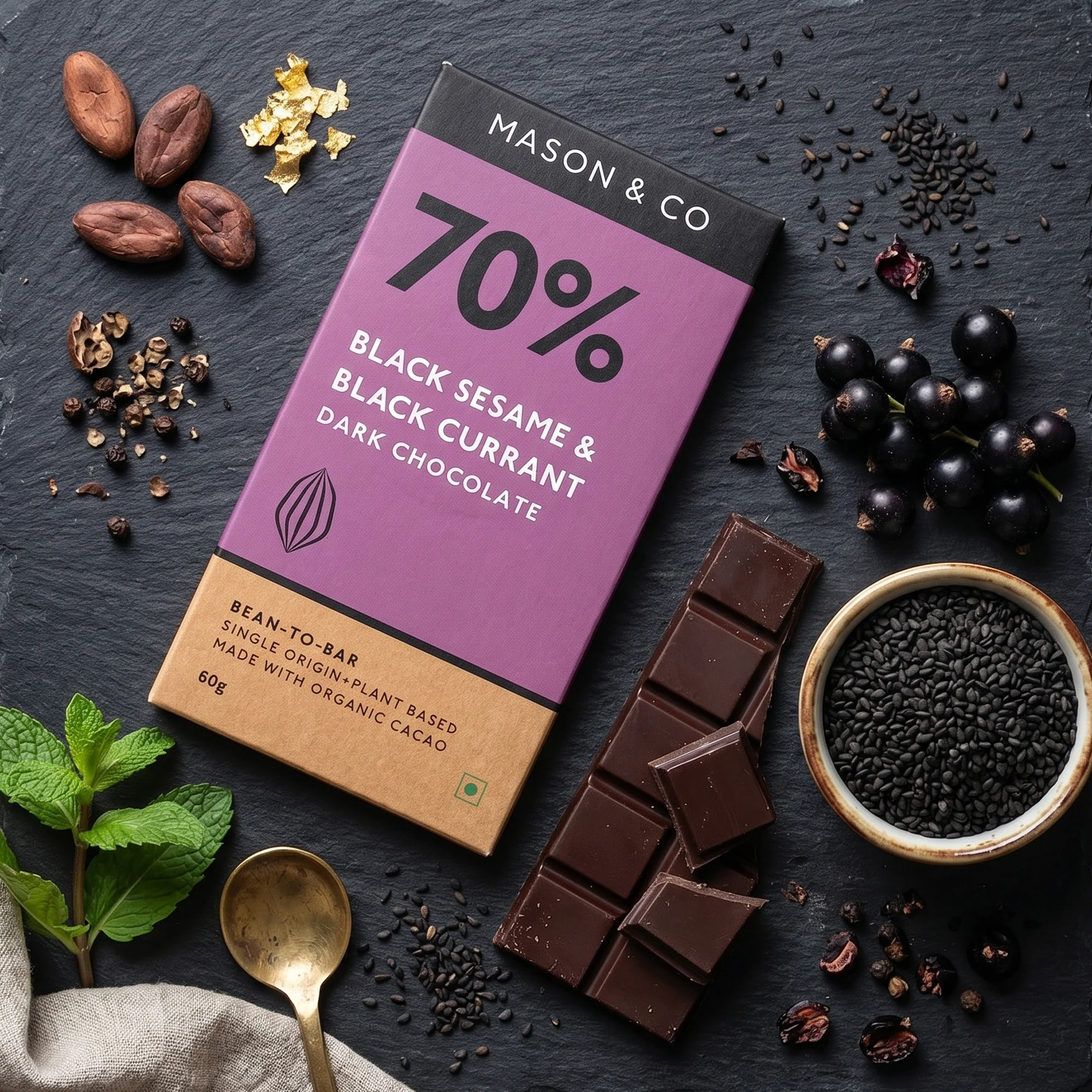 70% Black Sesame & Black Currant Dark Artisanal Chocolate Bar, 60g - Image 3