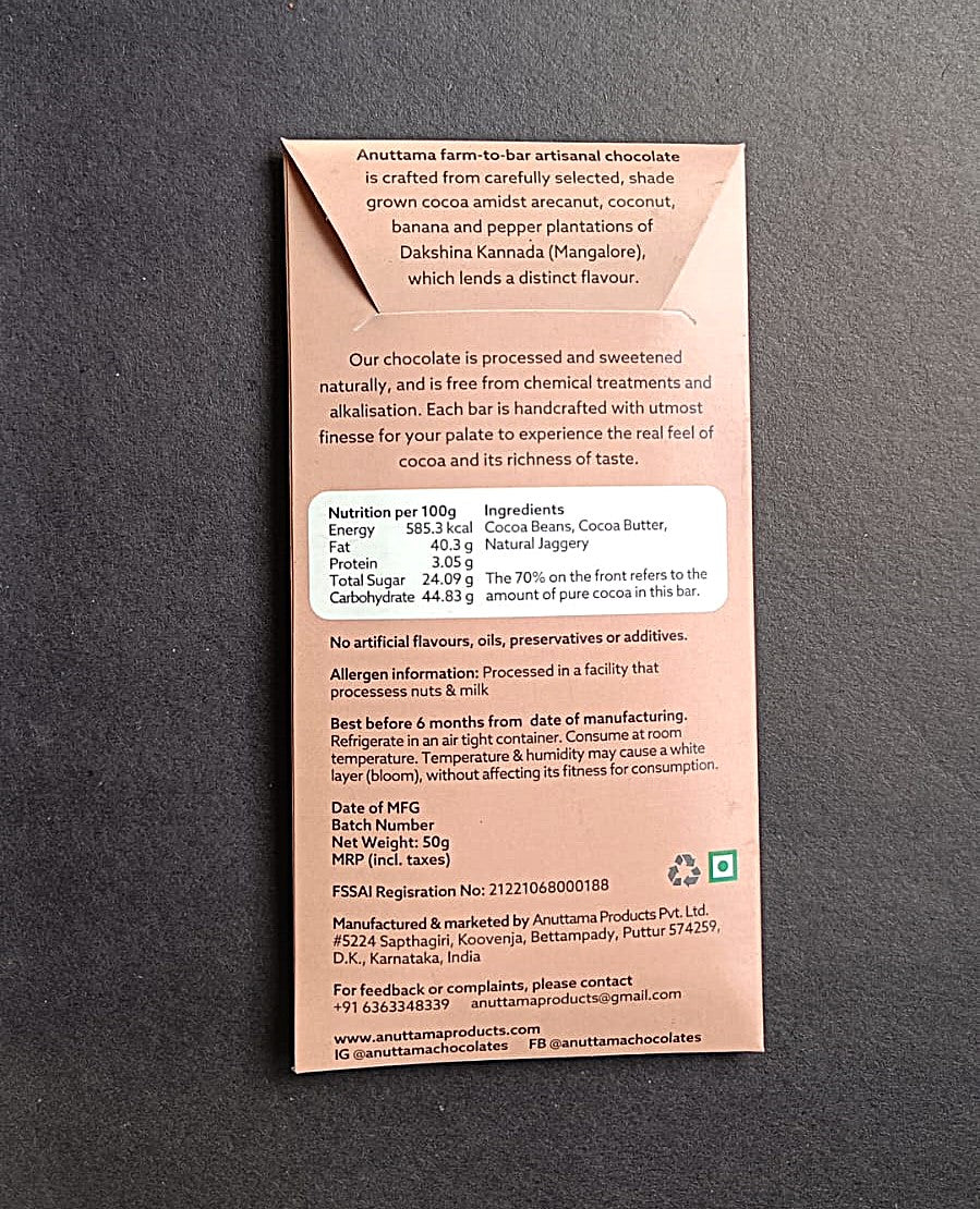 70% Dark Chocolate Bar with Jaggery,50g (Bitter-Sweet, No Refined Sugar, Craft Chocolate) - Image 2