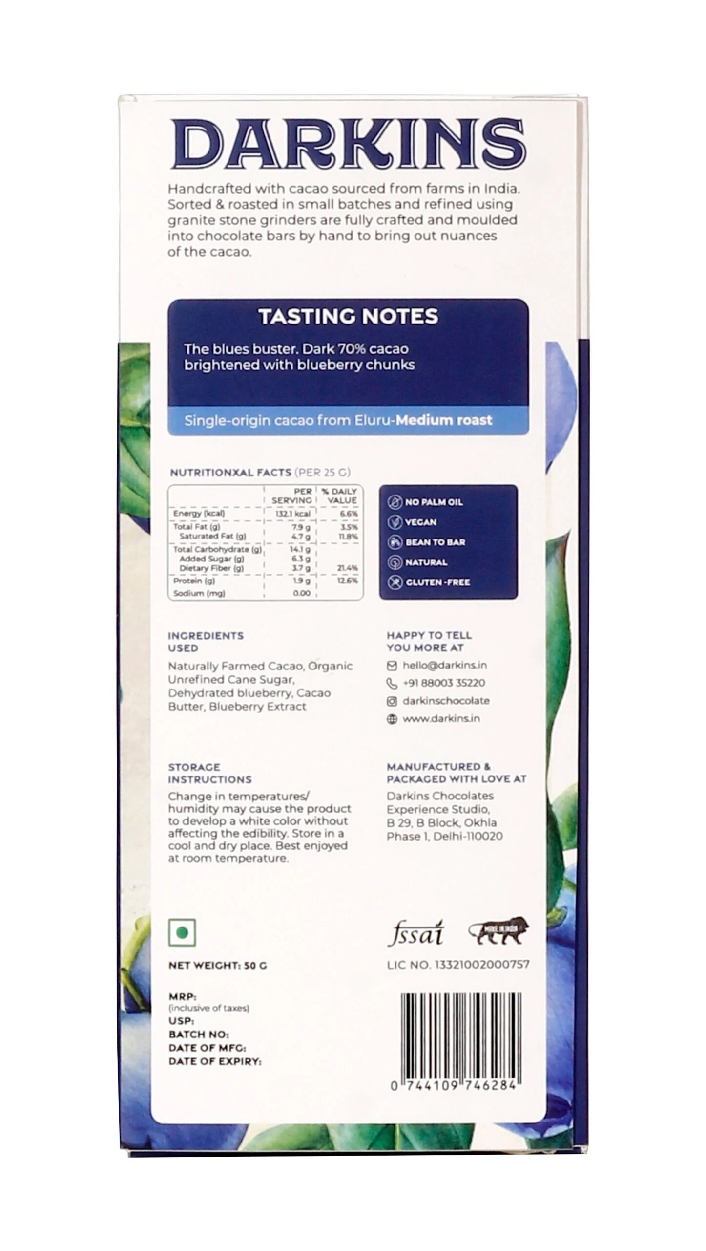70% Dark Chocolate with Blueberries, 50g - Image 2