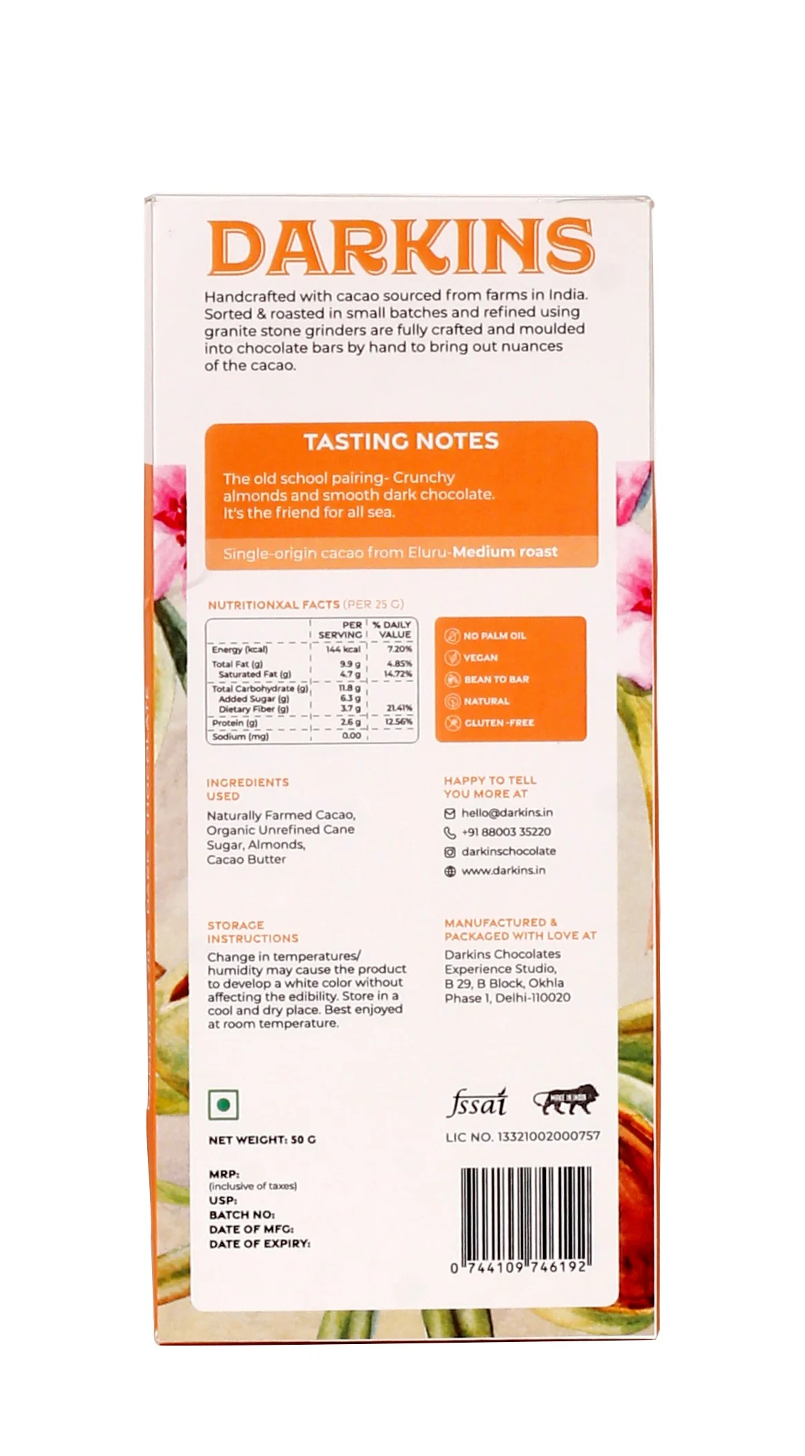 70% Dark Chocolate with Roasted Almonds, 50g - Image 2