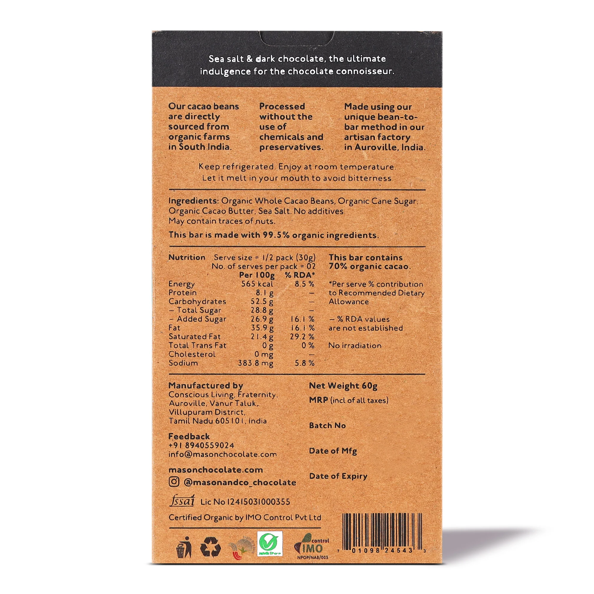 70% Sea Salt Dark Organic Exotic Artisanal Chocolate Bar, 60g - Image 2