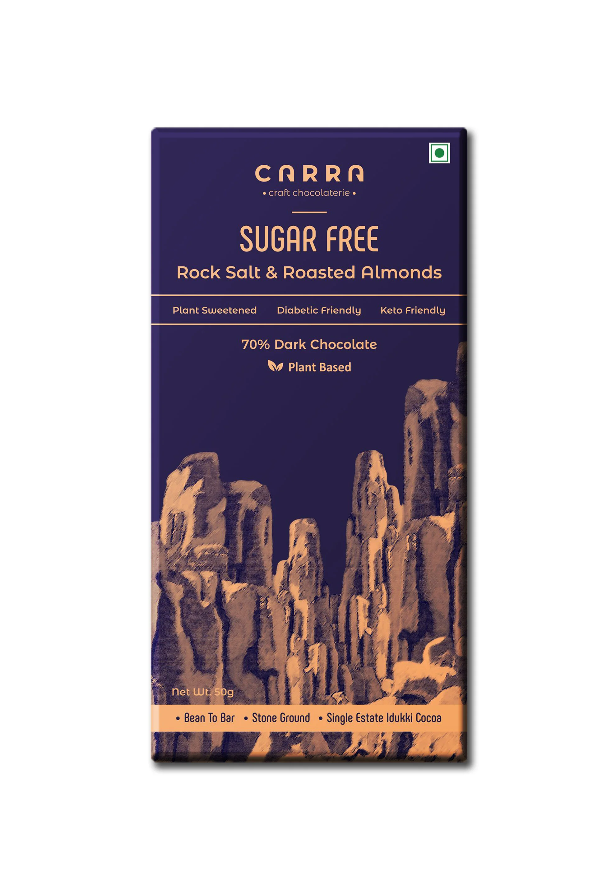 70% Sugar Free Rock Salt & Roasted Almonds Dark Chocolate Bar, 50g