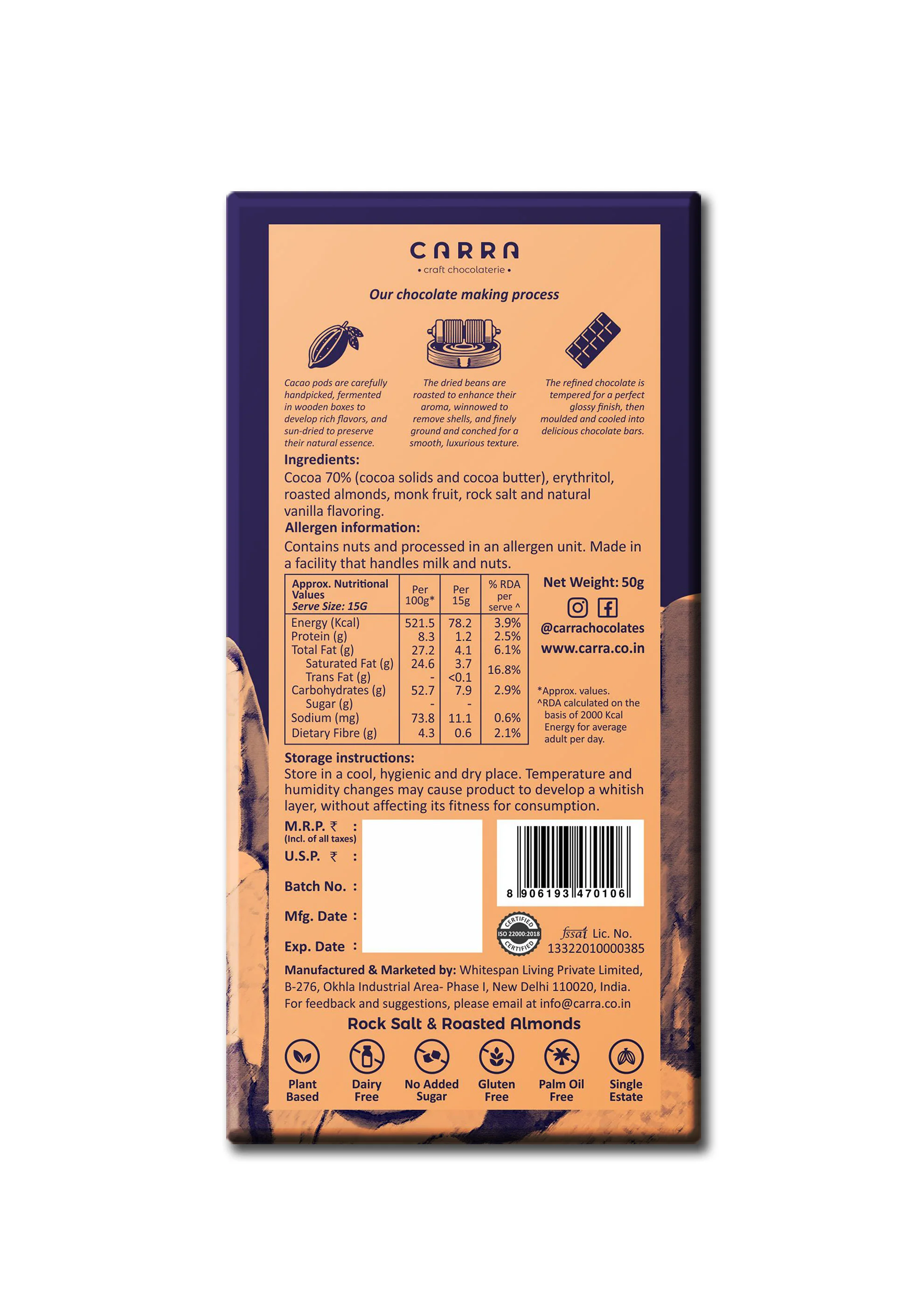 70% Sugar Free Rock Salt & Roasted Almonds Dark Chocolate Bar, 50g - Image 2