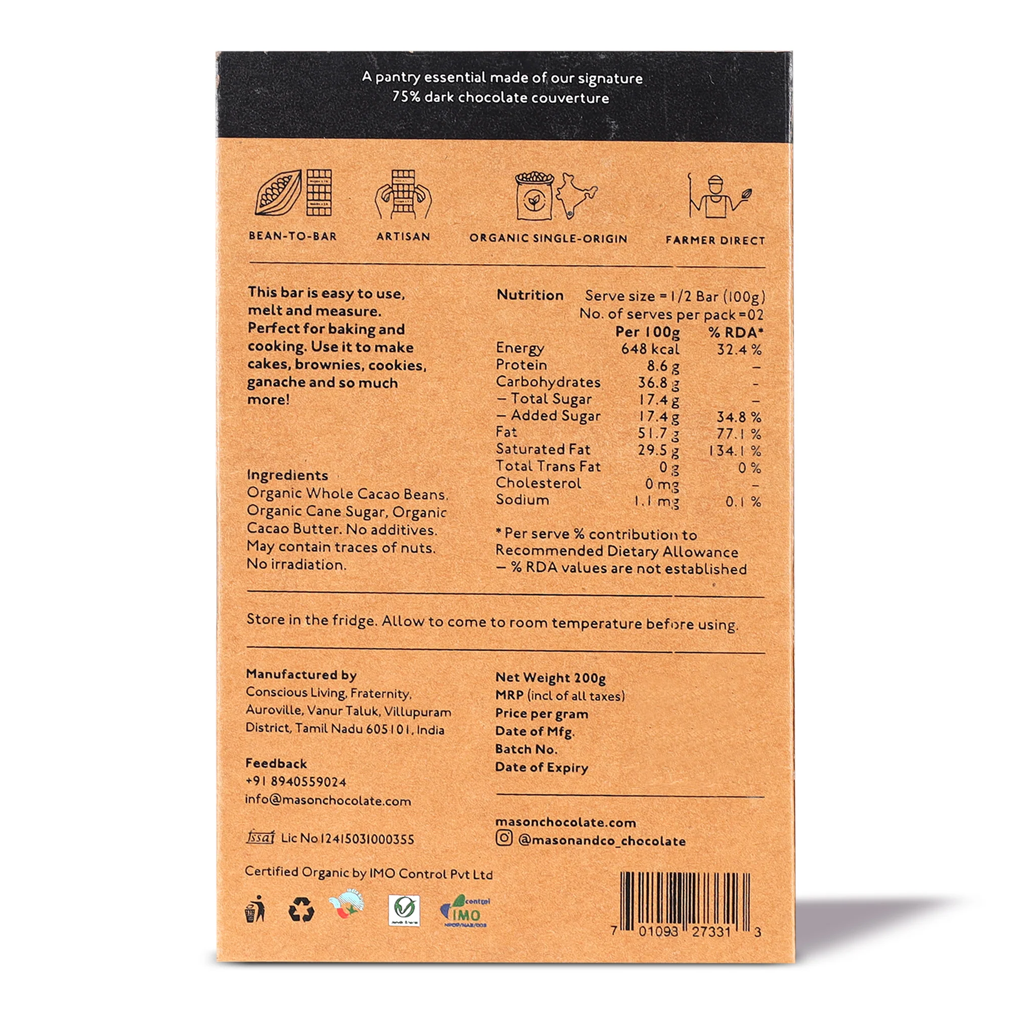 75% Couverture Dark Baking Chocolate, 200g - Image 2