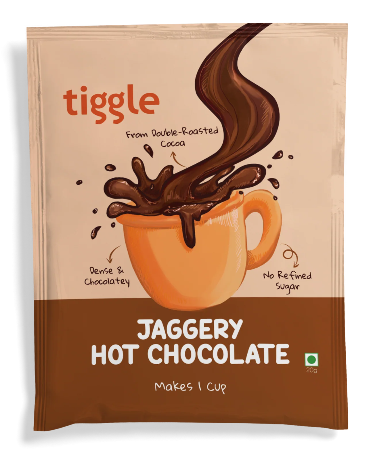 Jaggery Hot Chocolate Mix Sachet,20g (No Refined Sugar, Double Roasted Cocoa, Low Calorie Drink, Vegan & Gluten Free, Café Style Premix, 1 Cup Serving)