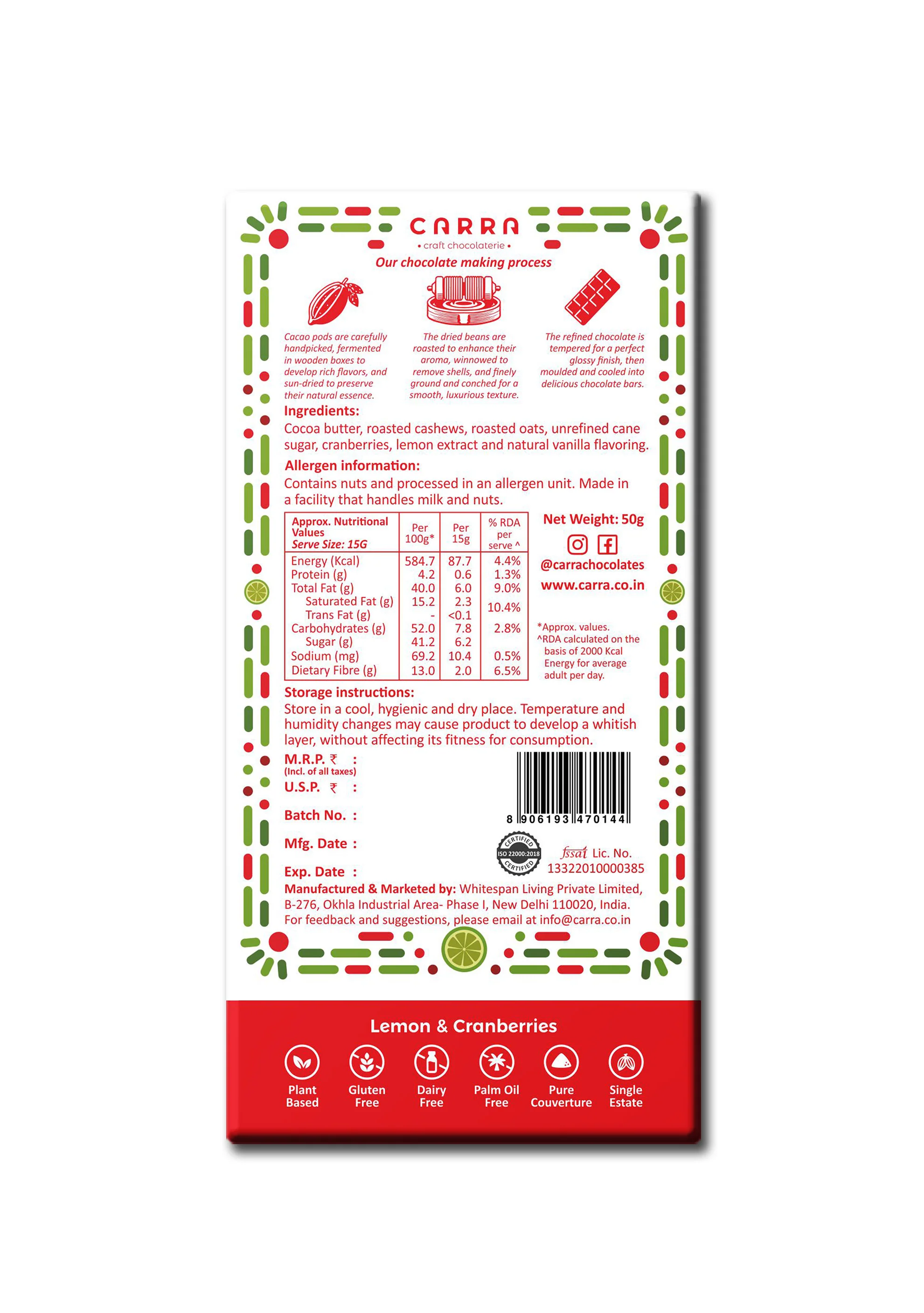 Lemon & Cranberries White Chocolate Bar, 50g - Image 2