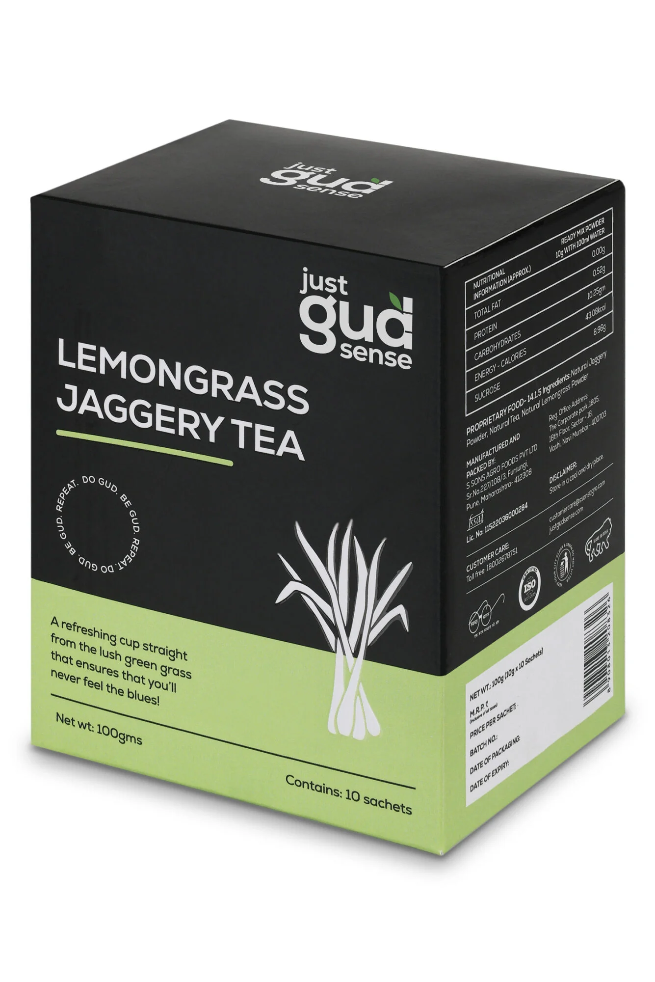 Lemon Grass Jaggery Tea Premix, 100g (10 sachets of 10 grams each)