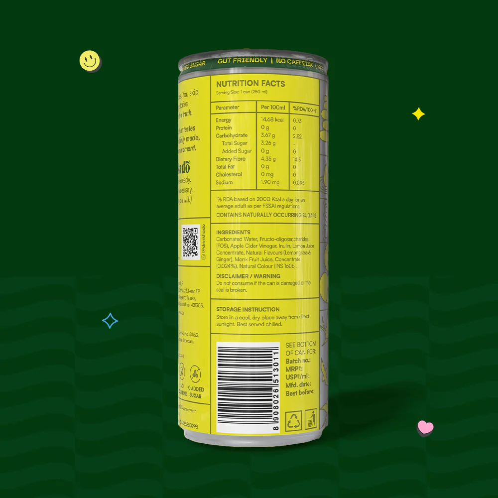 Lemongrass Ginger Crafted Soda, 250ml x 4 (10g Fibre, Zero Added Sugar) - Image 2