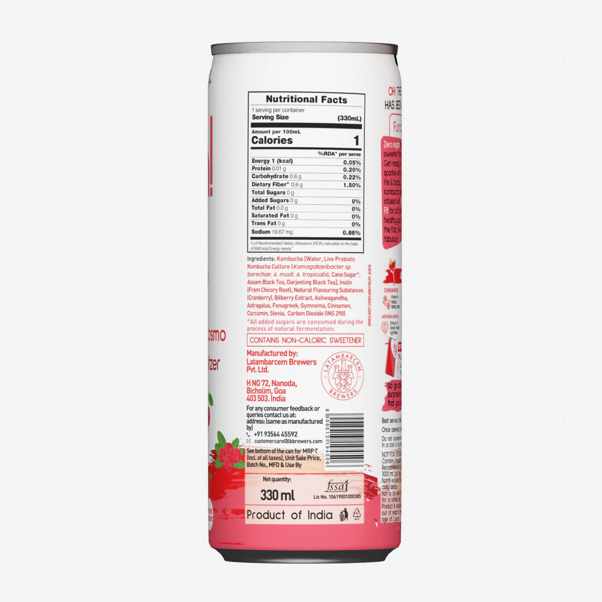 Oh! Cranberry Cosmo Zero Sugar Prebiotic Kombucha Seltzer, 330ml - Image 2