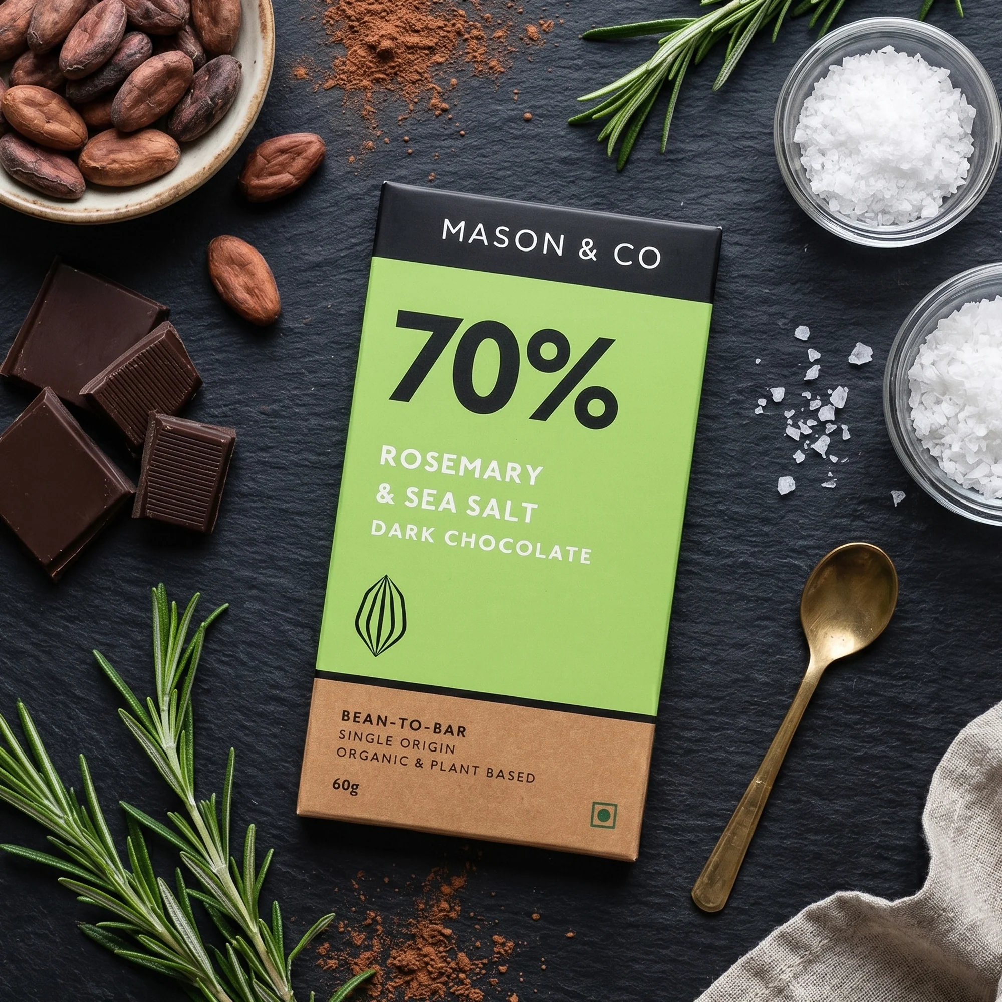 Organic 70% Rosemary and Sea Salt Dark Chocolate Bar, 60g - Image 3