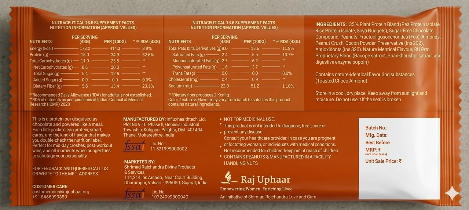 RU Prtn Toasted Choco Almond Protein Bars,43g (Pack of 6, High Fiber, No Added Sugar, Nutty Snack) - Image 2