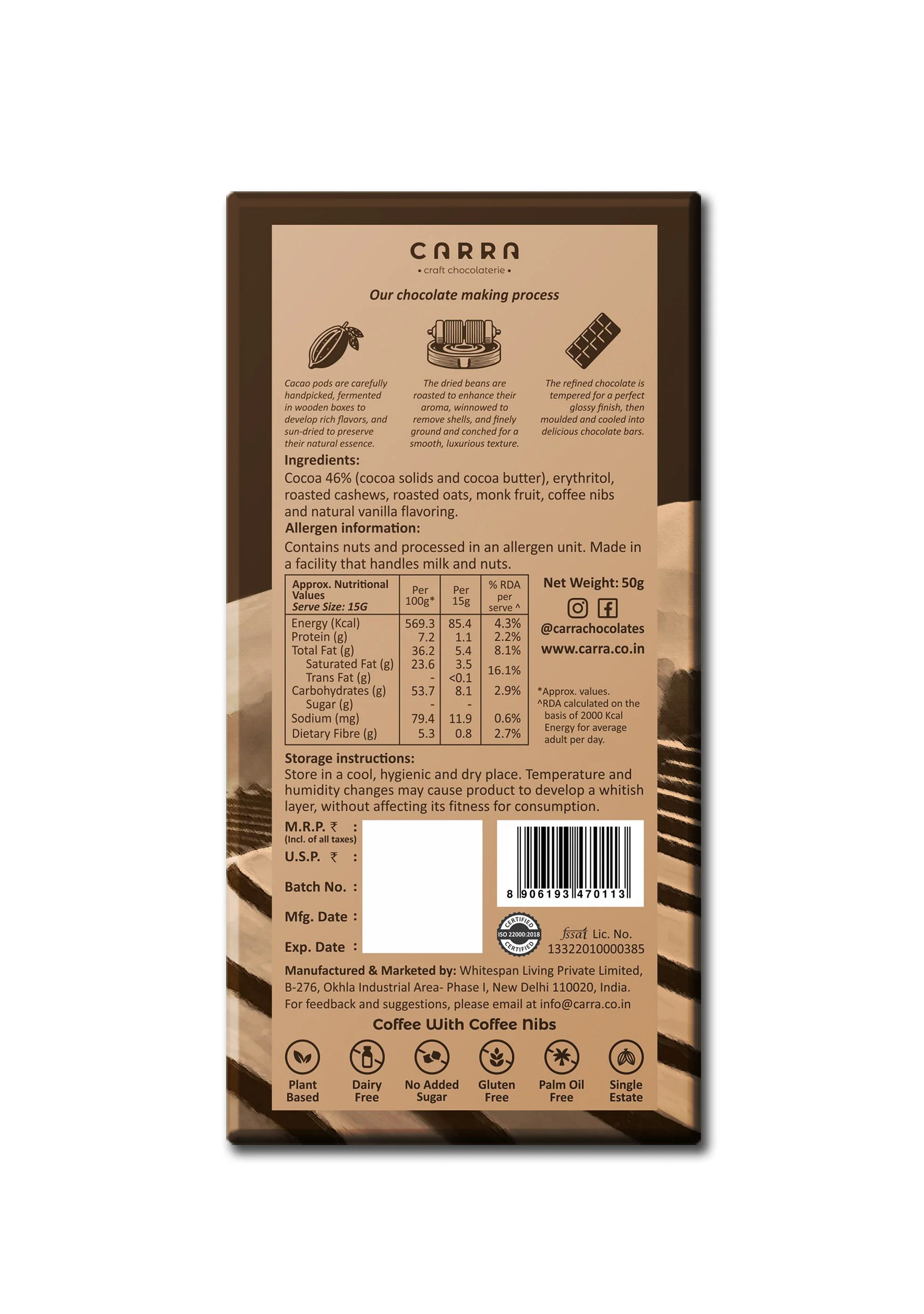 Sugar Free Coffee with coffee nibs Milk Chocolate Bar, 50g - Image 2