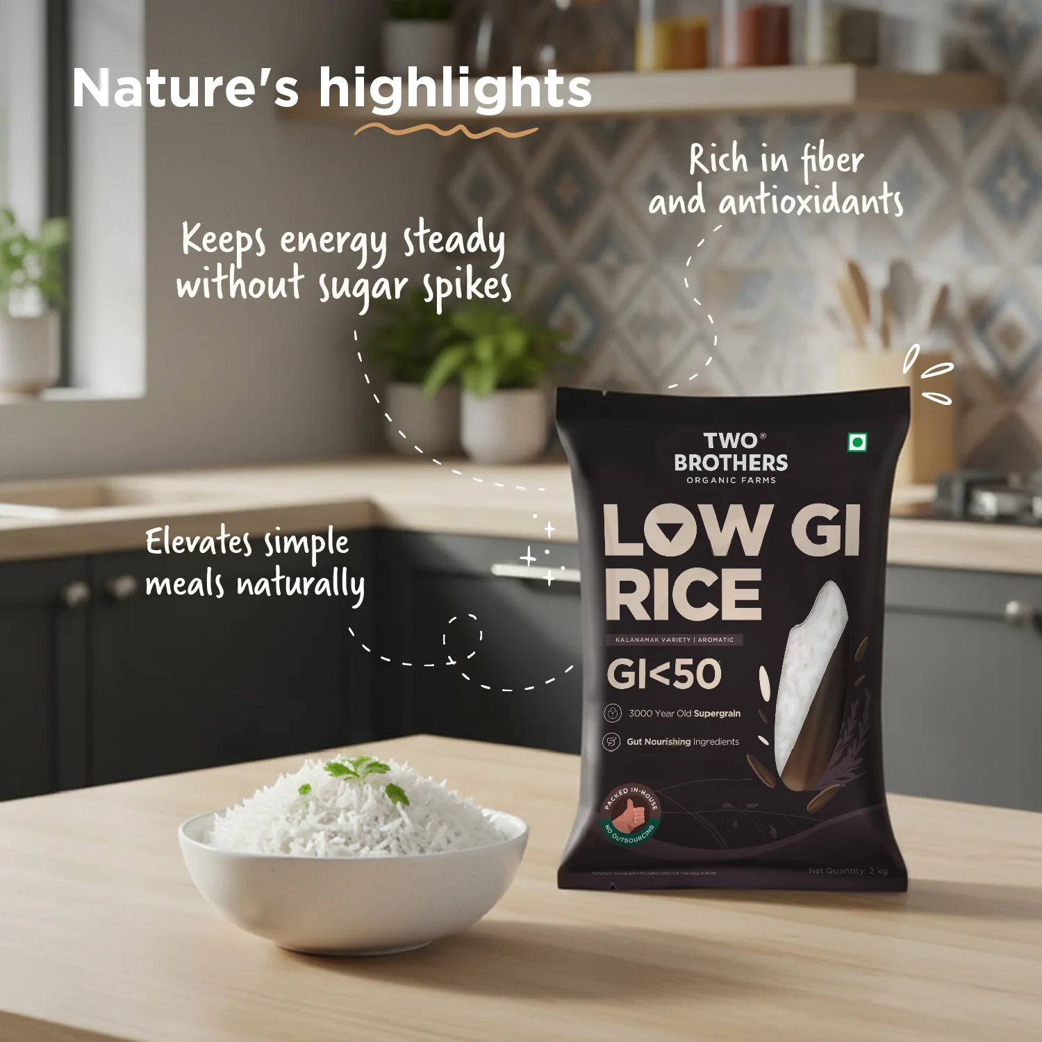 Two Brothers Organic Farms Kalanamak Rice, 1kg (Low GI, Diabetic-Friendly Native Aromatic Rice, Rich in Iron & Zinc, Gut Nourishing, Perfect for Pulao, Biryani & Curries) - Image 3