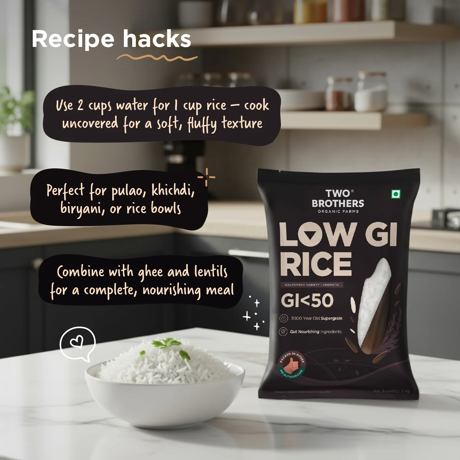 Two Brothers Organic Farms Kalanamak Rice, 1kg (Low GI, Diabetic-Friendly Native Aromatic Rice, Rich in Iron & Zinc, Gut Nourishing, Perfect for Pulao, Biryani & Curries) - Image 6