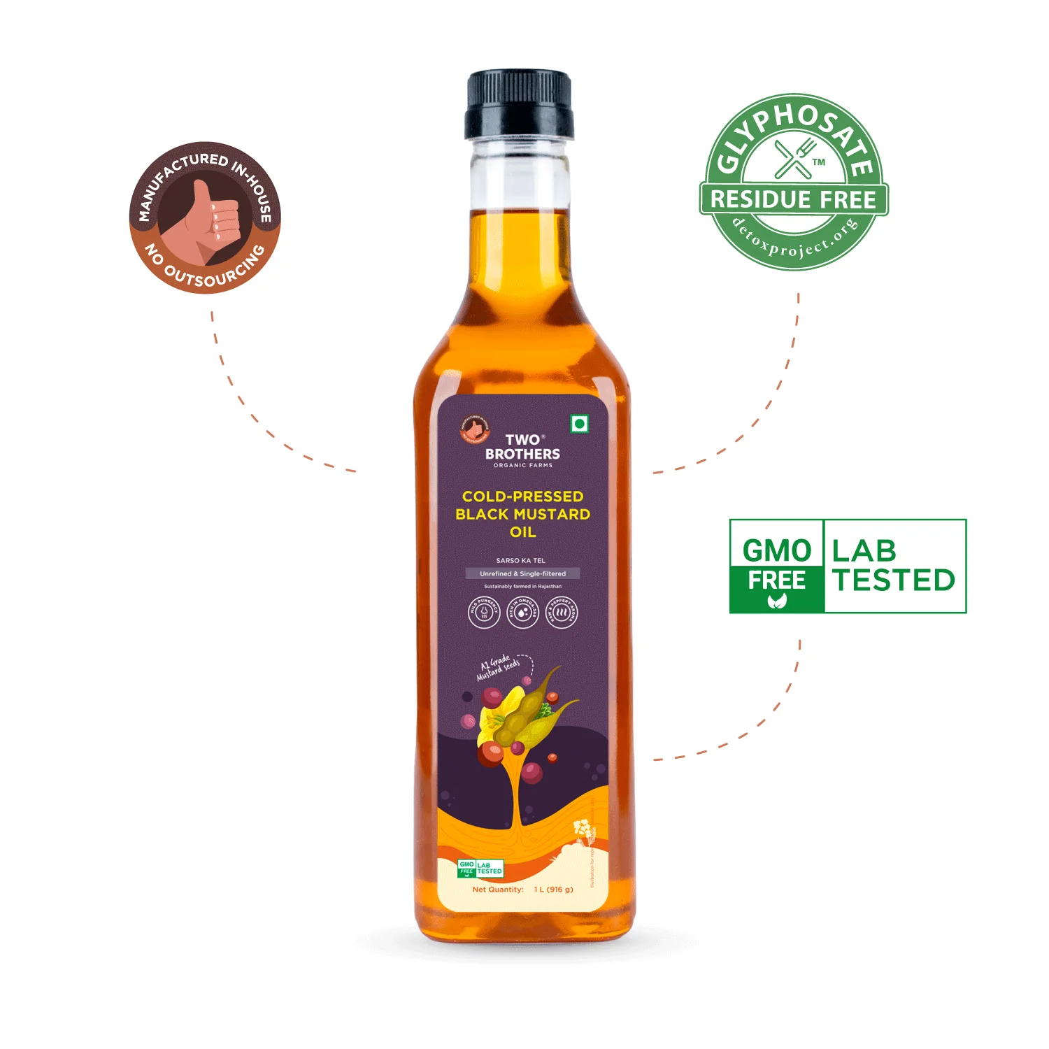 Two Brothers Organic Farms Mustard Oil/Sarso Ka Tel, 1L (Made using farm grown Mustard seeds, Cold-Pressed and Single-Filtered Oil for healthier Cooking, Kacchi Ghani, Natural and Unrefined)