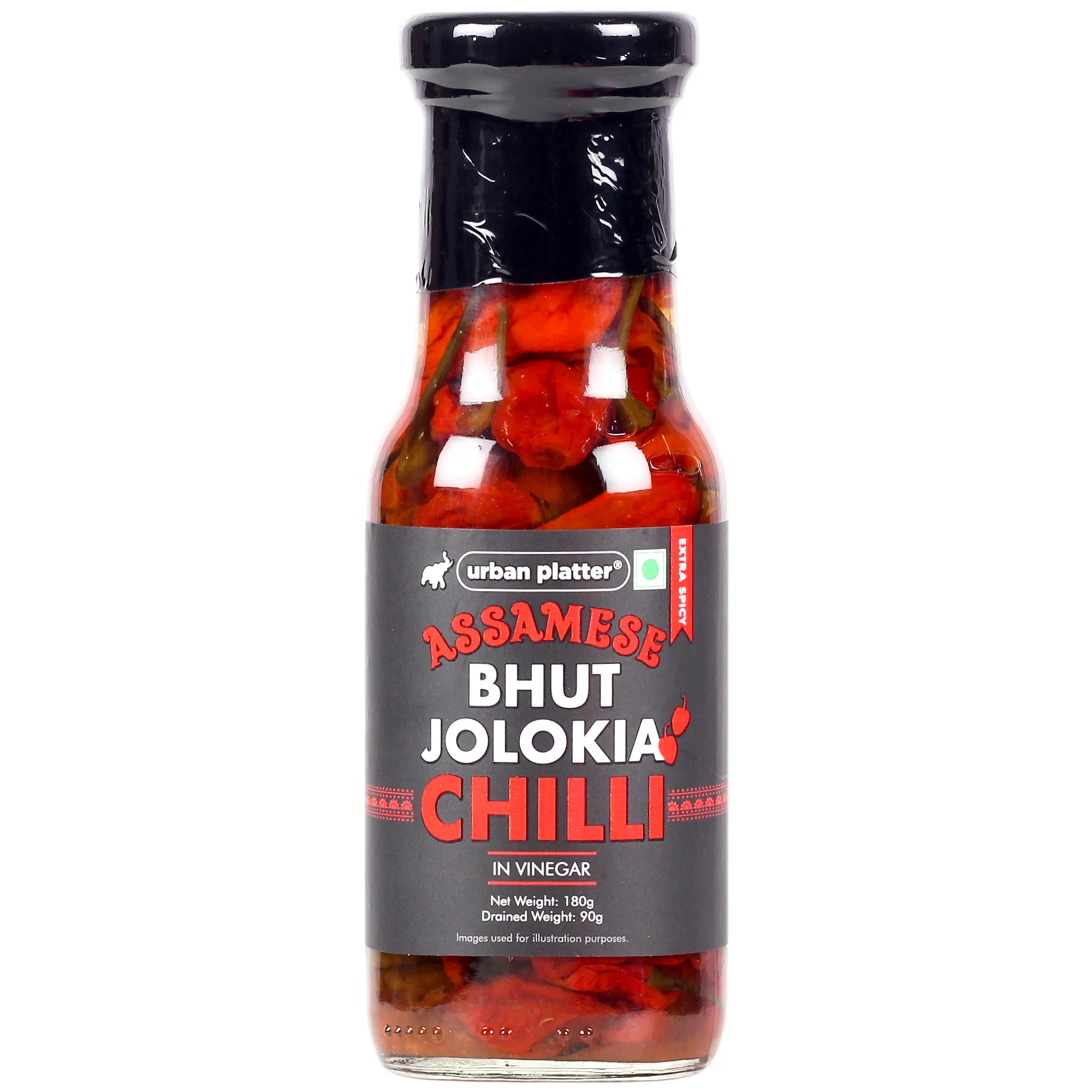 Assamese Bhut Jolokia Whole Chilli Peppers in Vinegar, 180g (Delicious and Fiery Bhoot Jolokia Naga Ghost Chilli Peppers from Assam, Great for Hot Sauces)