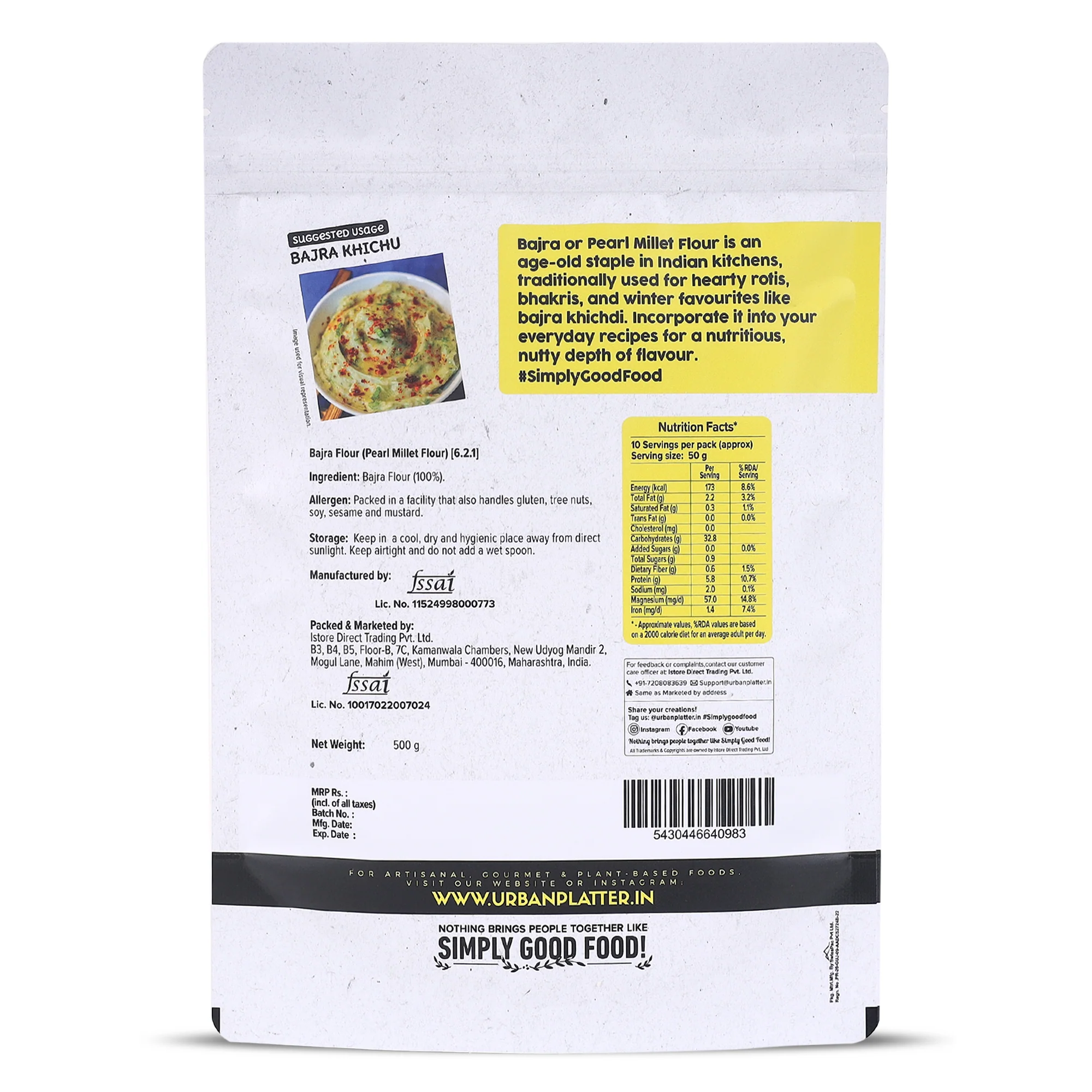 Bajra Flour, 500g (Pearl Millet Flour | Ancient Supergrain | Good Source of Iron, Fibre and Protein) - Image 2