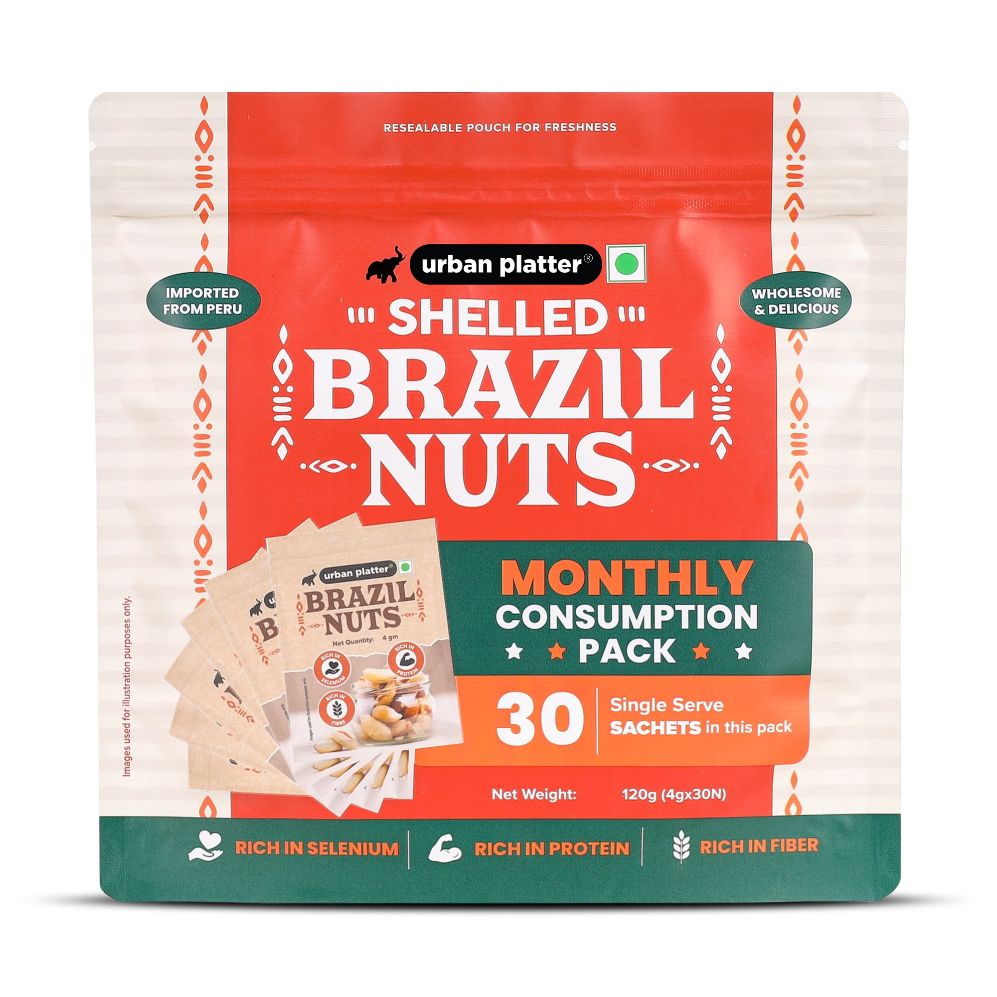 Brazil Nuts, 120g (Monthly Consumption Pack, Rich In Selenium, Have 1 Daily, 30 single serve brazil nut sachets)