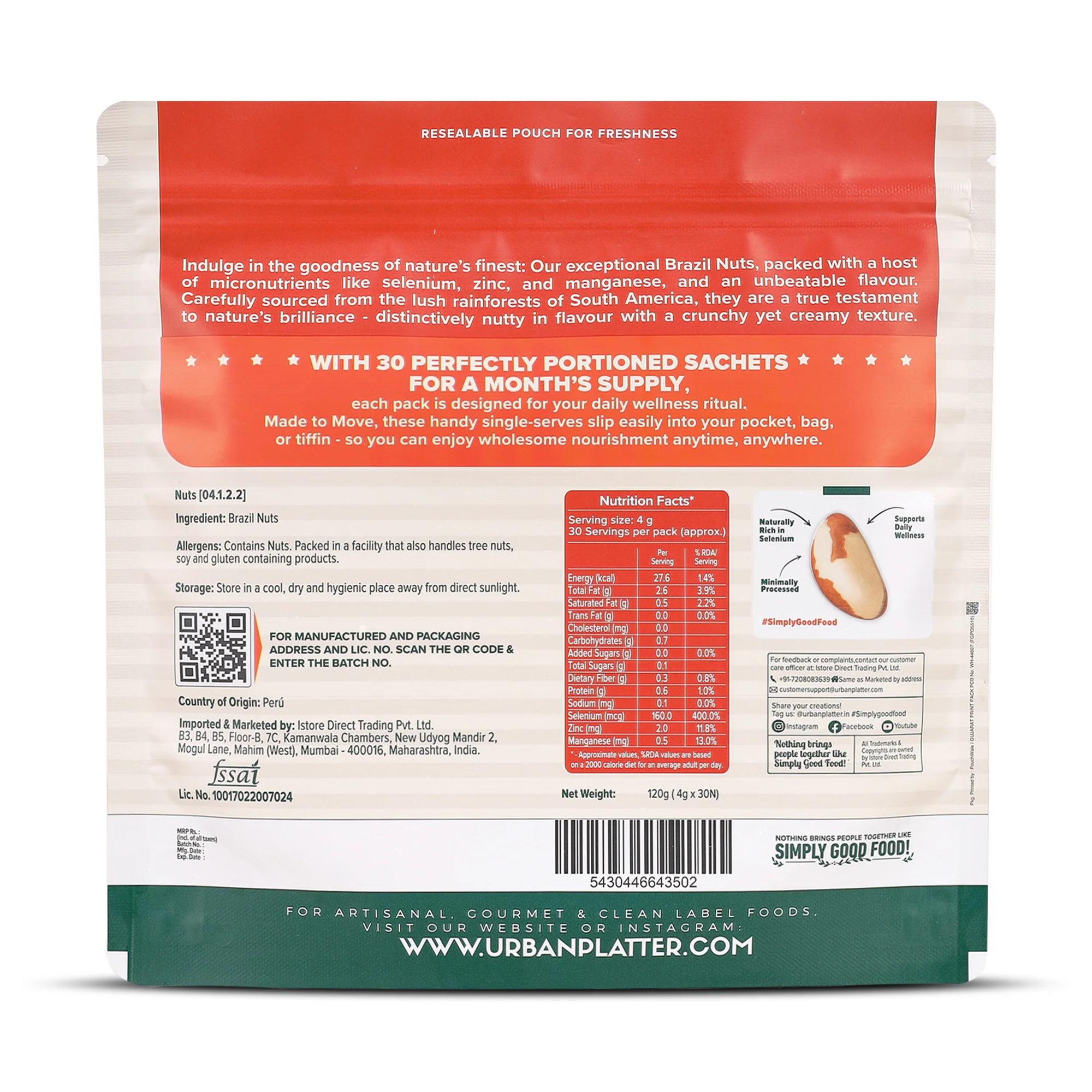 Brazil Nuts, 120g (Monthly Consumption Pack, Rich In Selenium, Have 1 Daily, 30 single serve brazil nut sachets) - Image 2