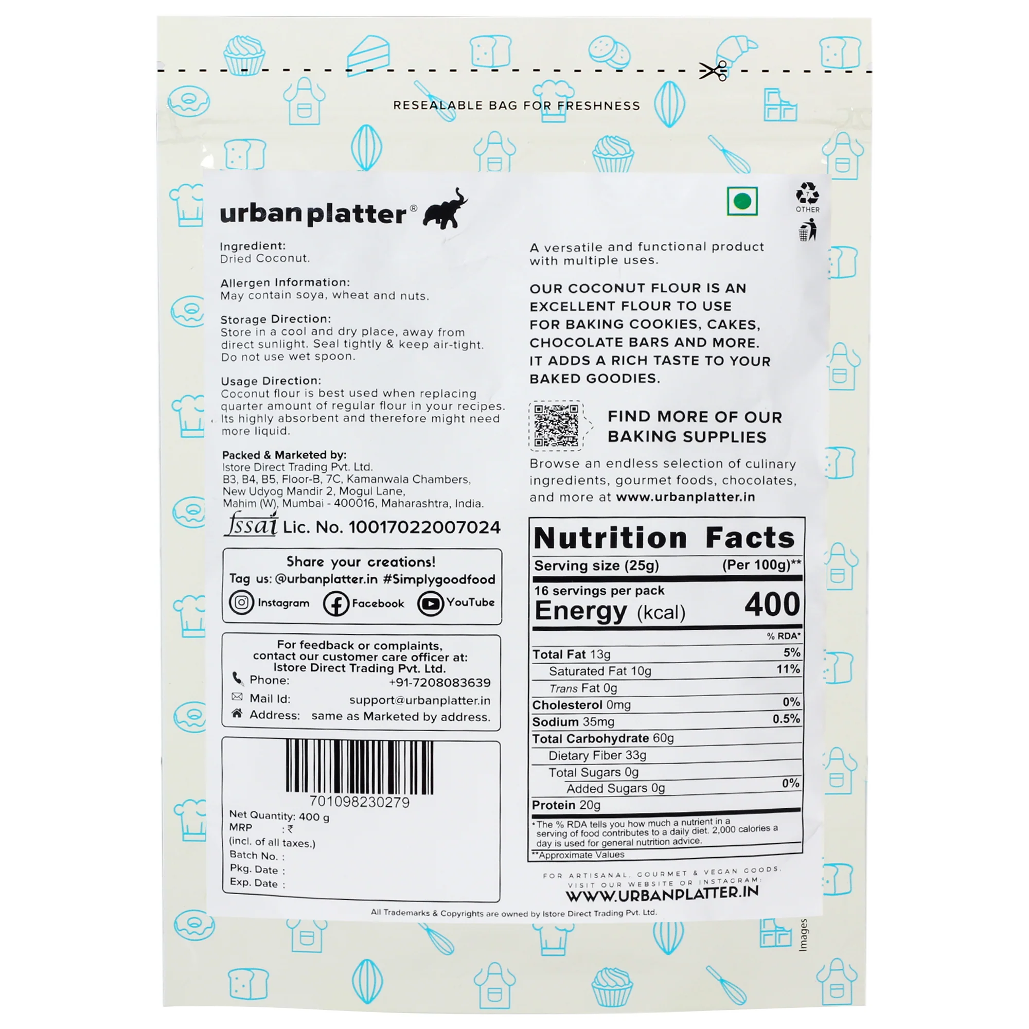 Coconut Flour, 400g [Made with Coconuts from Tamil Nadu, Naturally Gluten-free, Fiber-rich, Paleo friendly, Perfect for baking, making cookies] - Image 2