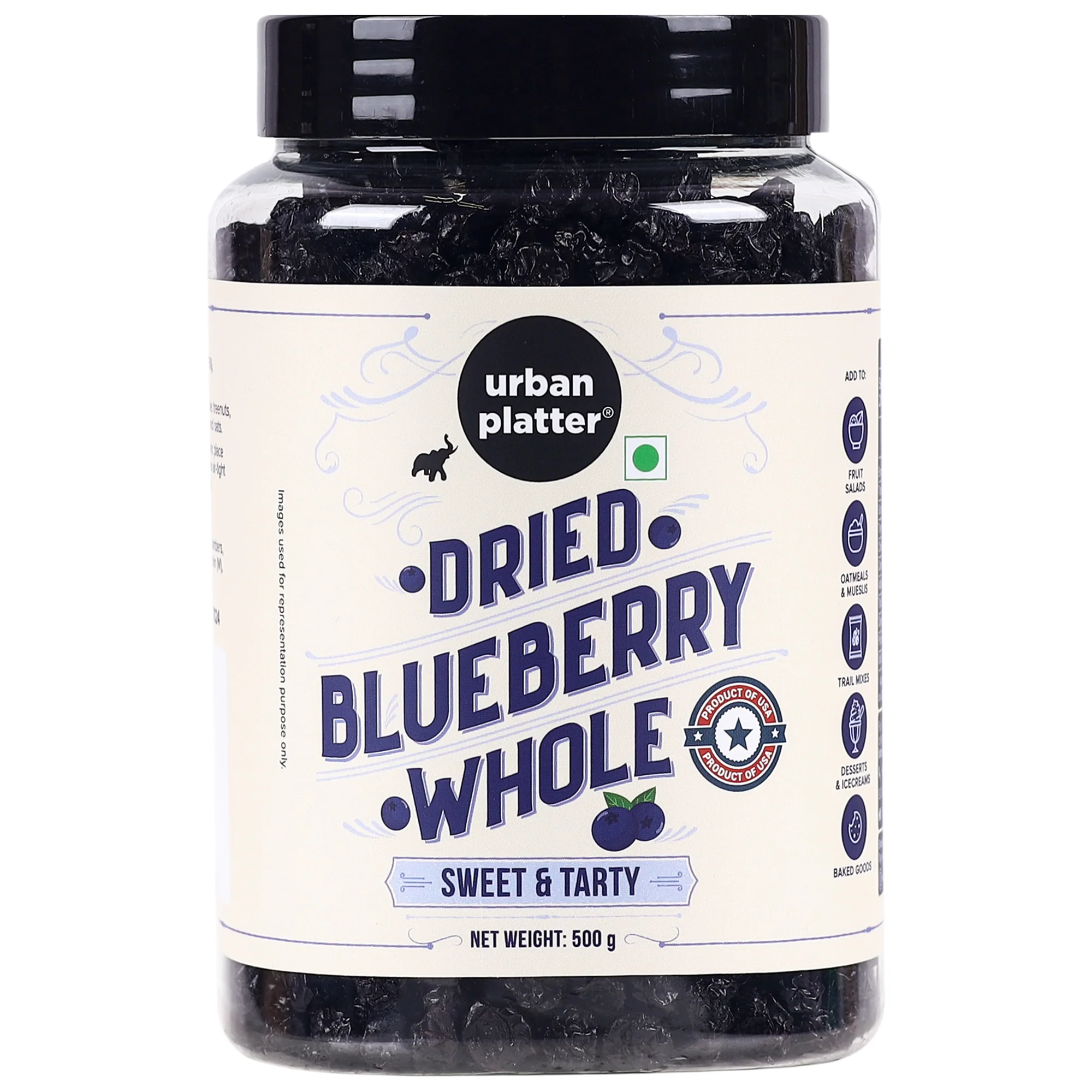 Dried Blueberries, 500g (Sweet & Mildly Tart | Garnish or Add to Fruit Salads, Oatmeals, Mueslis, Trail Mixes, Ice creams, Baked Goods | Product of USA)