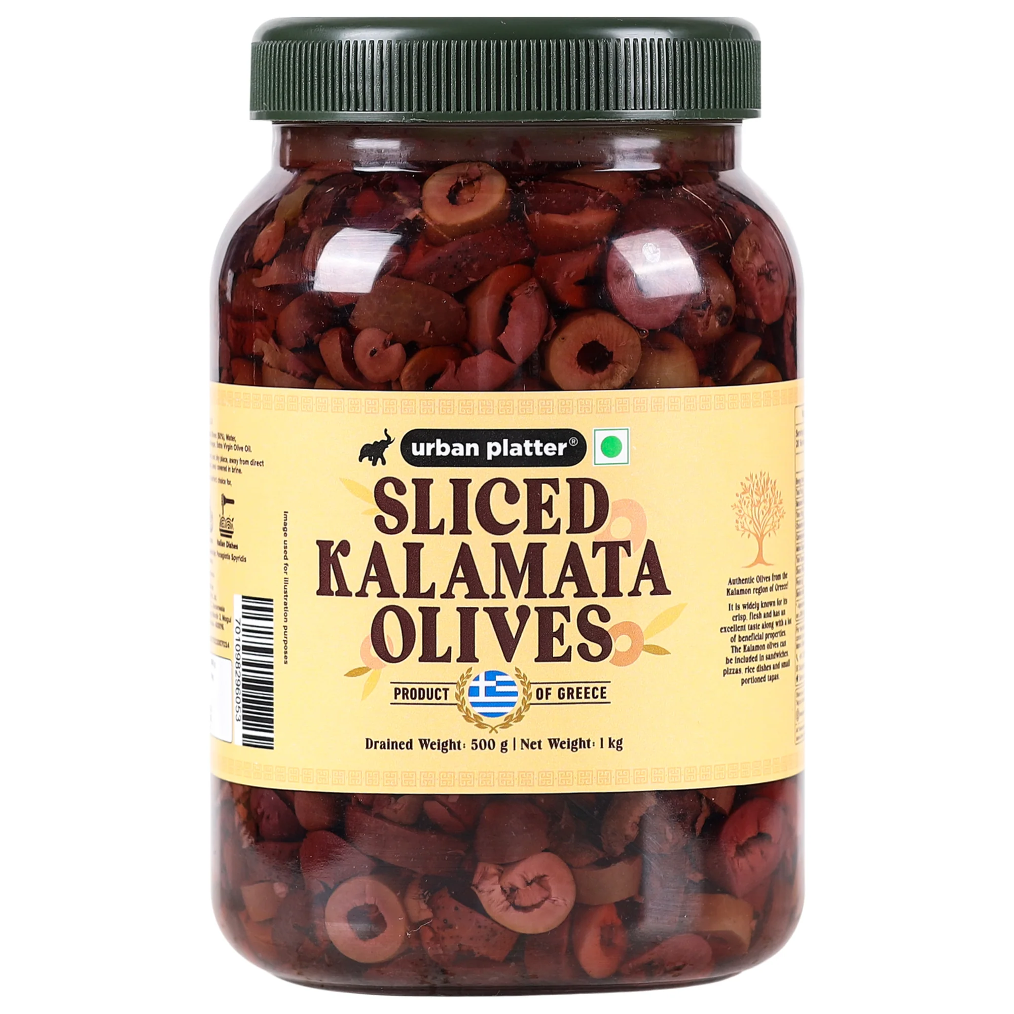 Greek Sliced Kalamata Olives, 1Kg [Drained Weight 500g | Kalamon Region of Greece | Perfect for Salads | Hummus | Mediterranean Dishes]