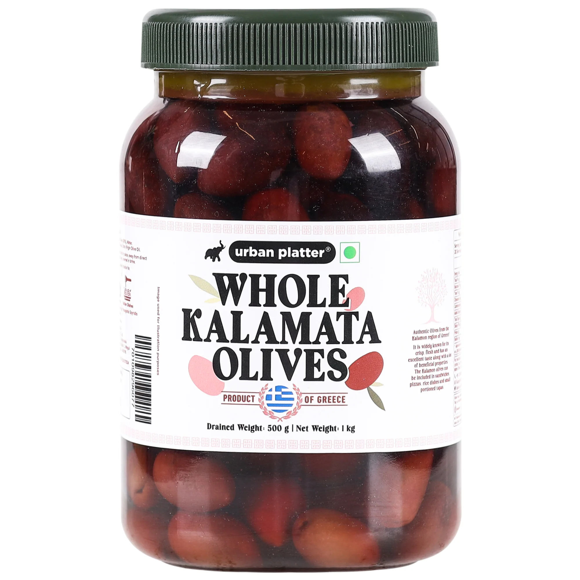Greek Whole Kalamata Olives, 1Kg [Drained Weight 500g | Kalamon Region of Greece | Perfect for Salads | Hummus | Mediterranean Dishes]