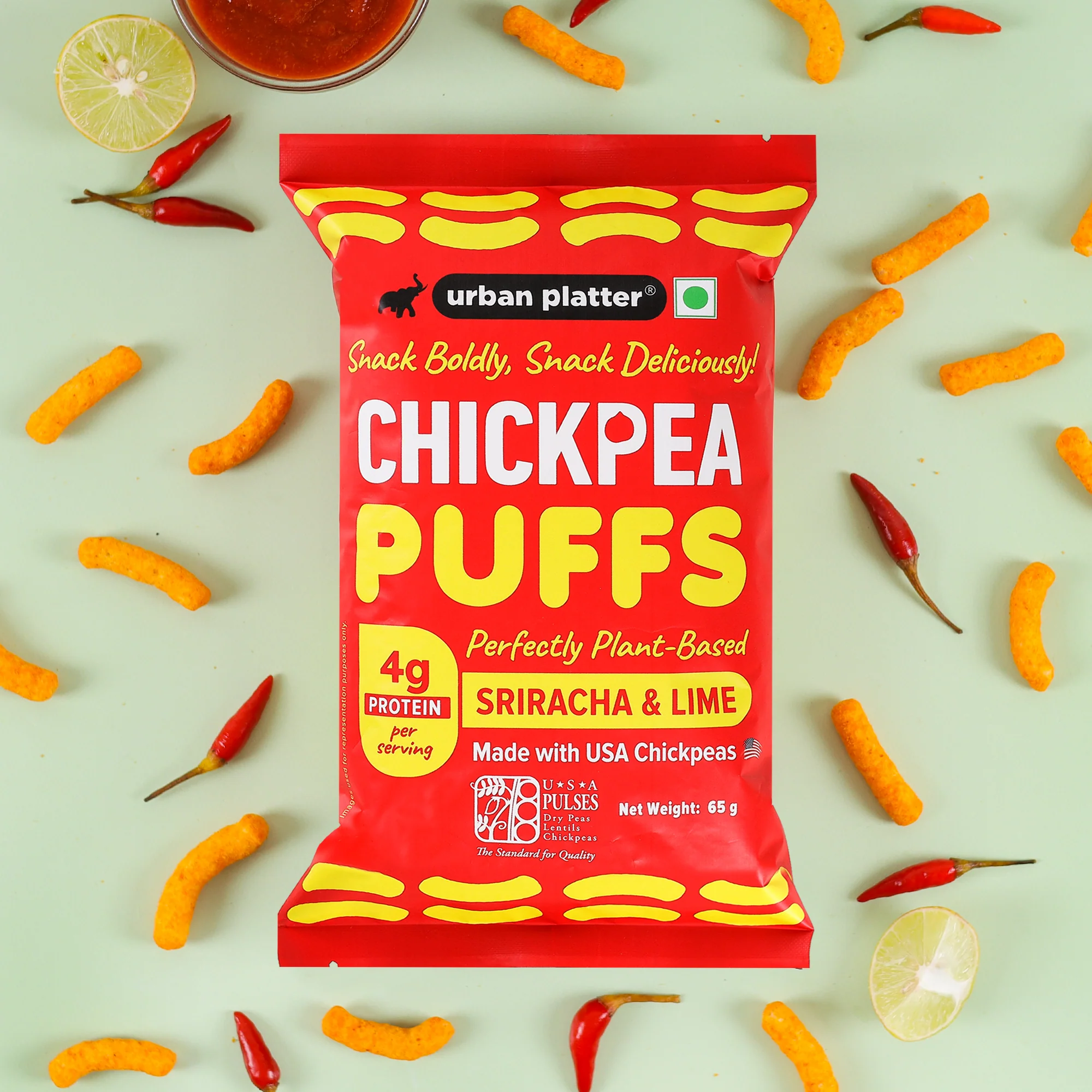 Lime Sriracha Chickpea Puffs, 65g (Savoury and Crunchy Snack | Zesty and Tangy | 4g Protein per serve | Made from USA Chickpeas) - Image 5
