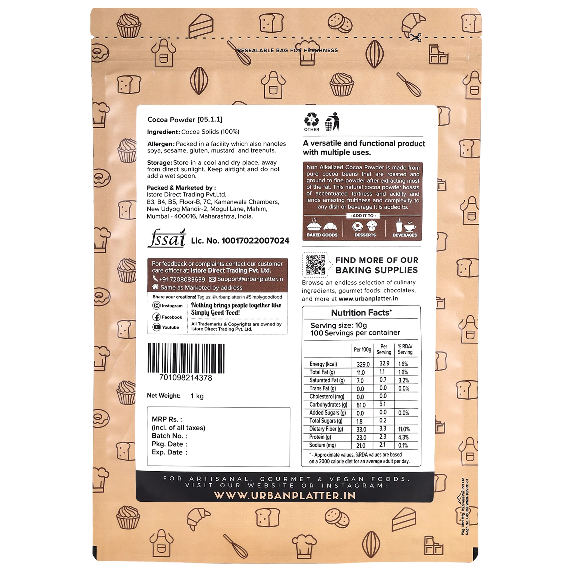 Natural Unsweetened Non Alkalized Cocoa Powder, 1Kg - Image 2