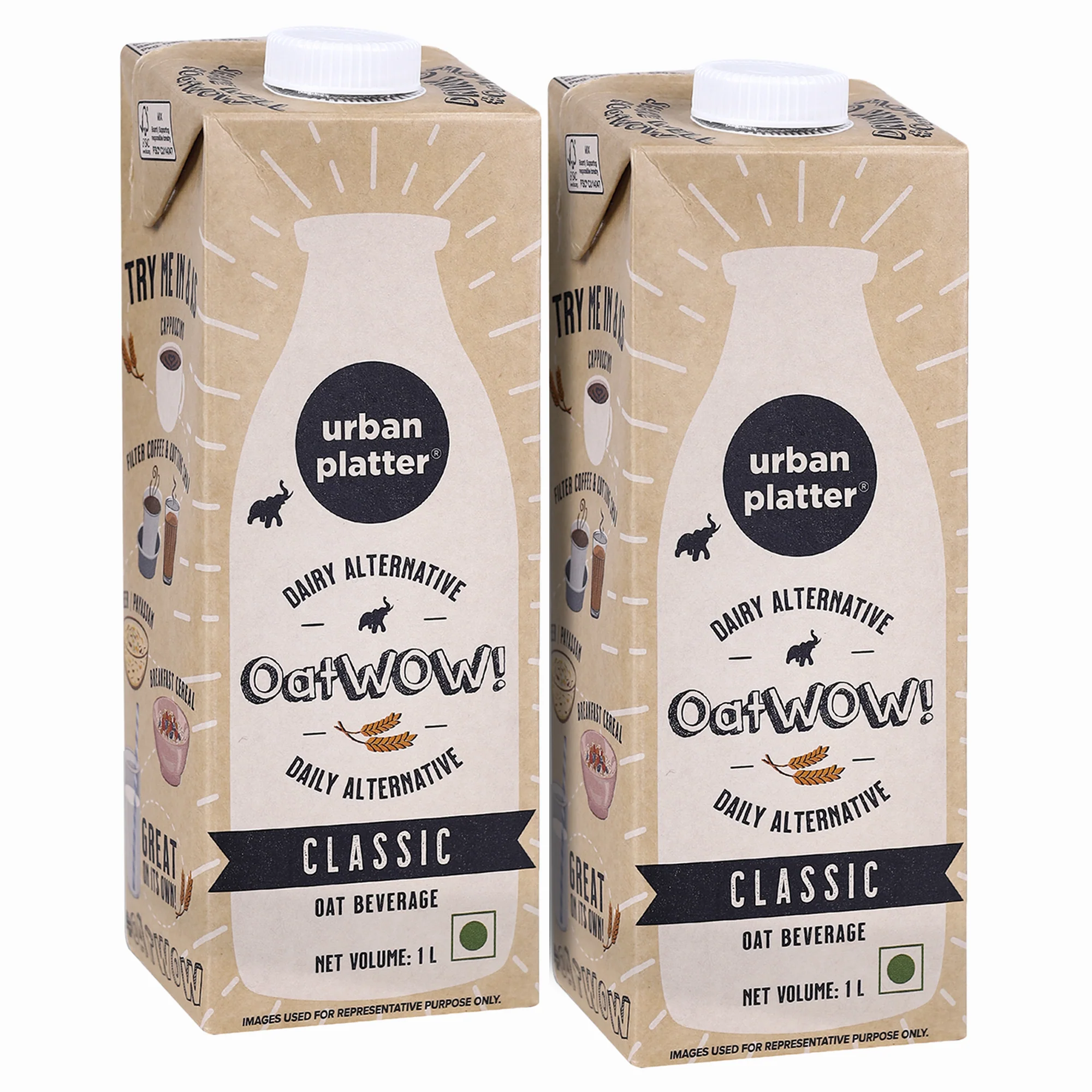 OatWOW Classic Oat Beverage, 1L [Pack of 2] [Plant-based / Milk Alternative]