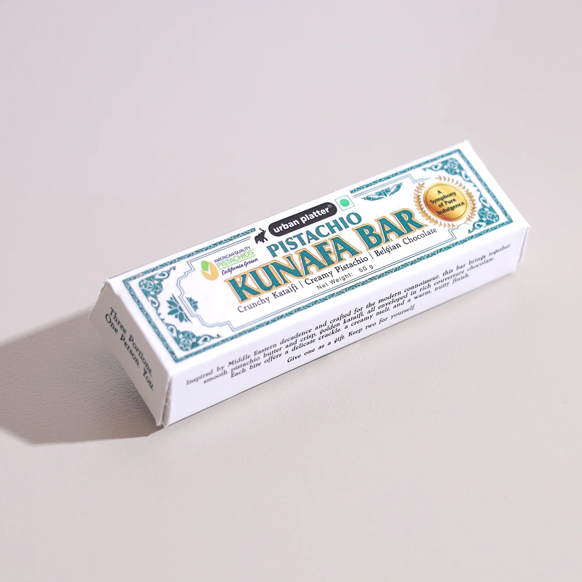 Pistachio Kunafa Bar, 50g (Middle Eastern Inspired Chocolate Bar Filled with Pistachio Butter & Kataifi, 58% Belgian Chocolate, Plant-Based)