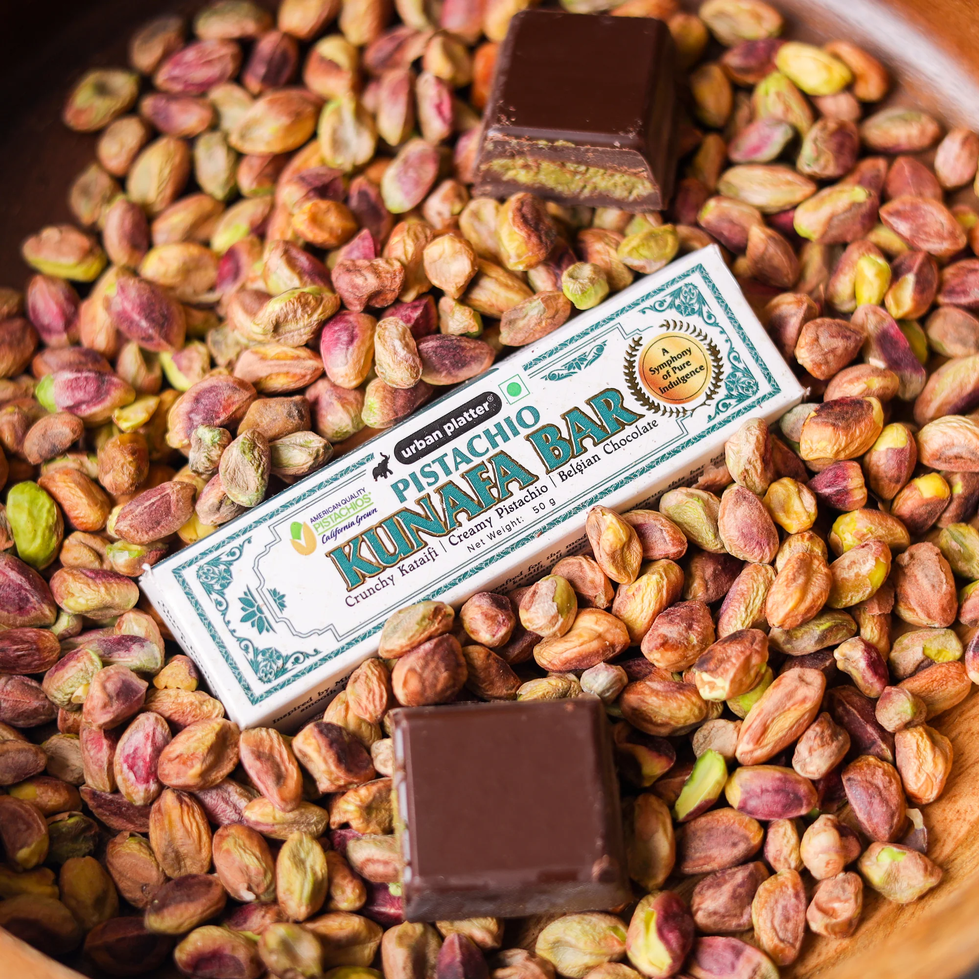 Pistachio Kunafa Bar, 50g (Middle Eastern Inspired Chocolate Bar Filled with Pistachio Butter & Kataifi, 58% Belgian Chocolate, Plant-Based) - Image 5