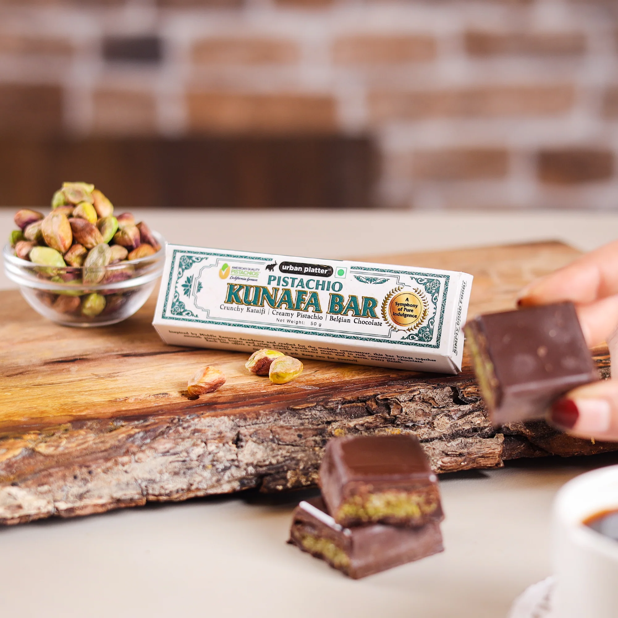 Pistachio Kunafa Bar, 50g (Middle Eastern Inspired Chocolate Bar Filled with Pistachio Butter & Kataifi, 58% Belgian Chocolate, Plant-Based) - Image 6