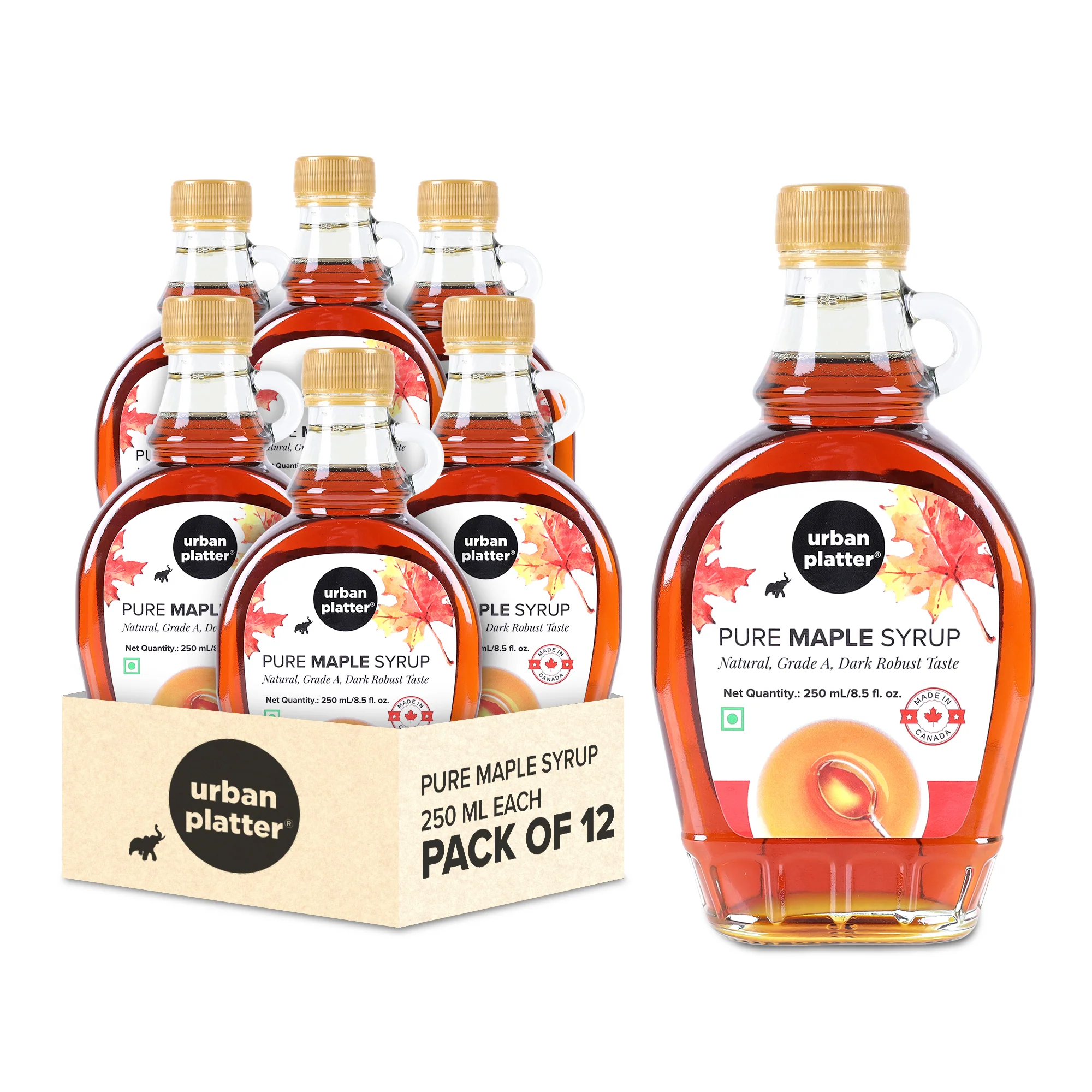 Pure Maple Syrup, 250ml [Pack of 12 | Product of Canada | Grade A | Robust Taste]
