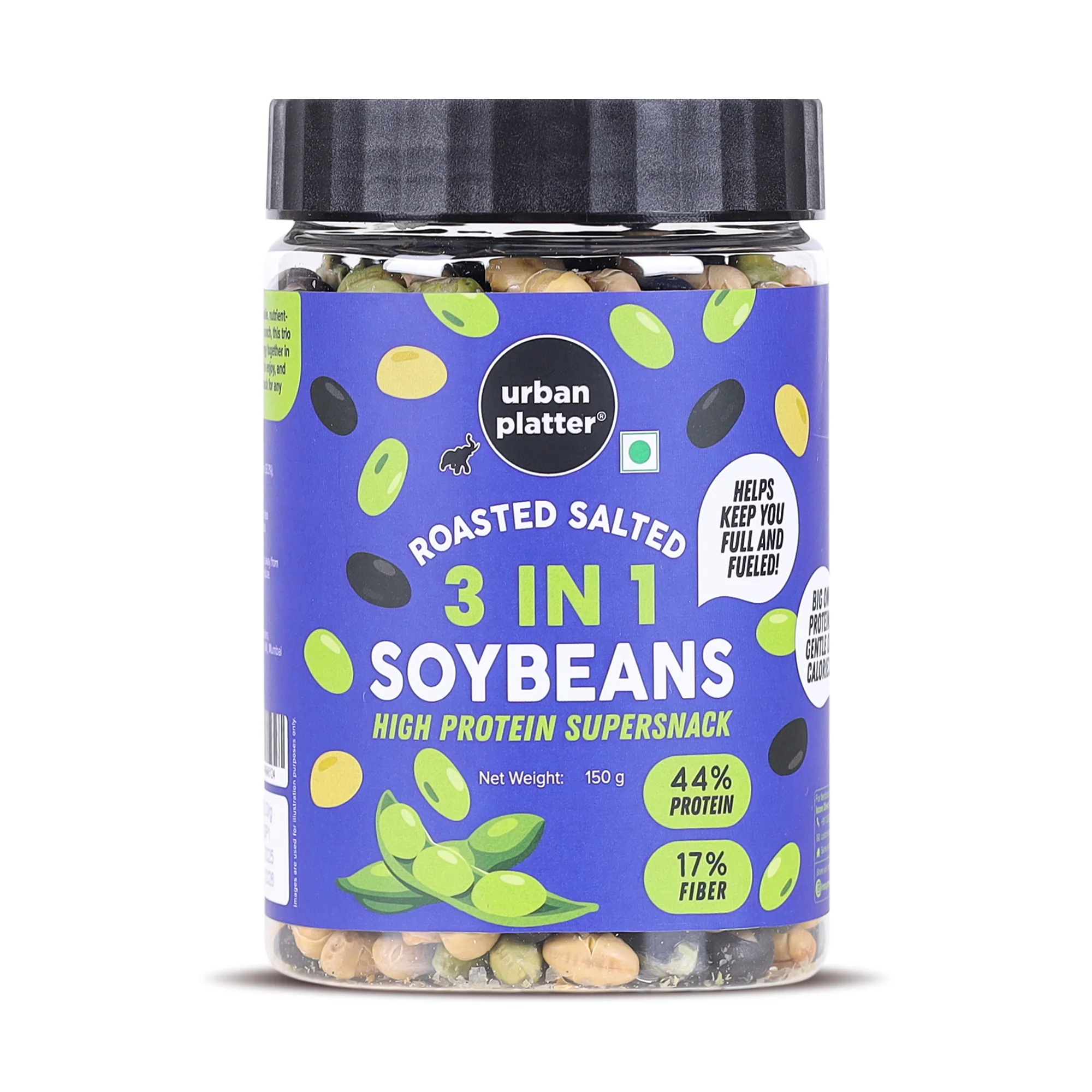 Roasted Salted 3-in-1 Soybean, 150g (44% Protein, 17% Fiber, Lightly Salted Green Edamame, Black & White Soybean, Highest Plant Protein Supersnack)