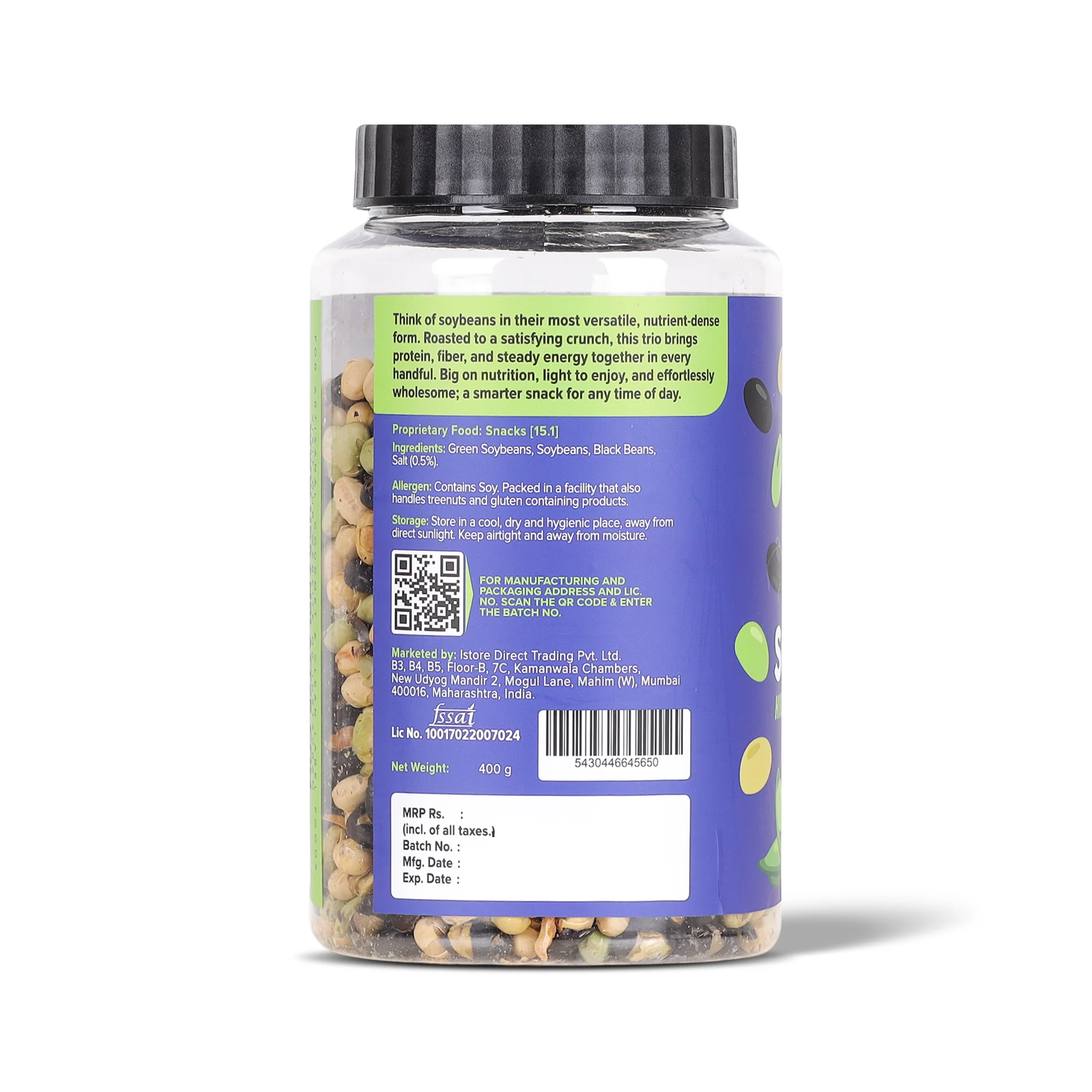 Roasted Salted 3-in-1 Soybean, 400g (44% Protein, 17% Fiber, Lightly Salted Green Edamame, Black & White Soybean, Highest Plant Protein Supersnack) - Image 2