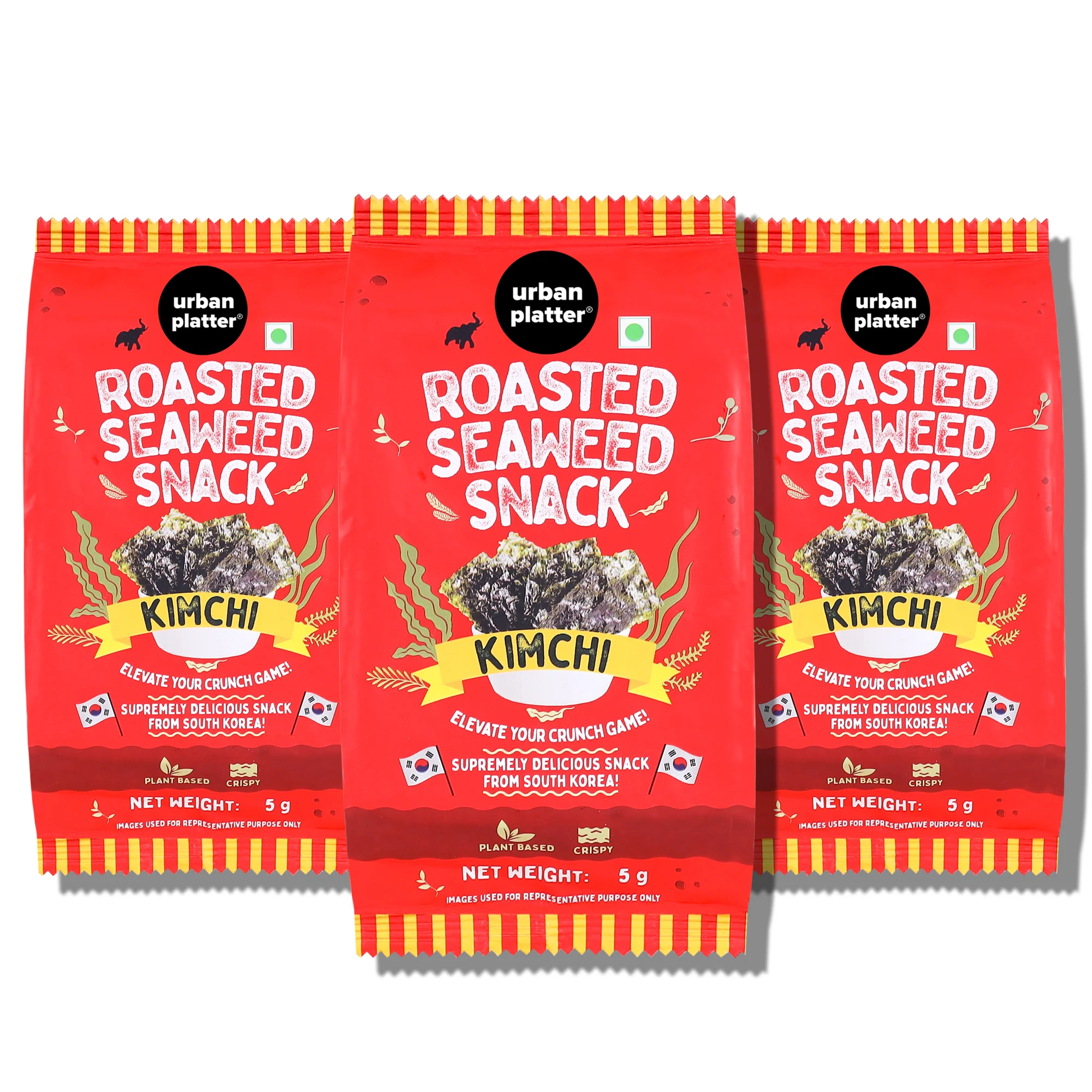 Roasted Seaweed Snack - Kimchi, 5g (Pack of 3, Ready to eat snack | Crispy Umami Nori Chips | Spicy Kimchi Flavour)