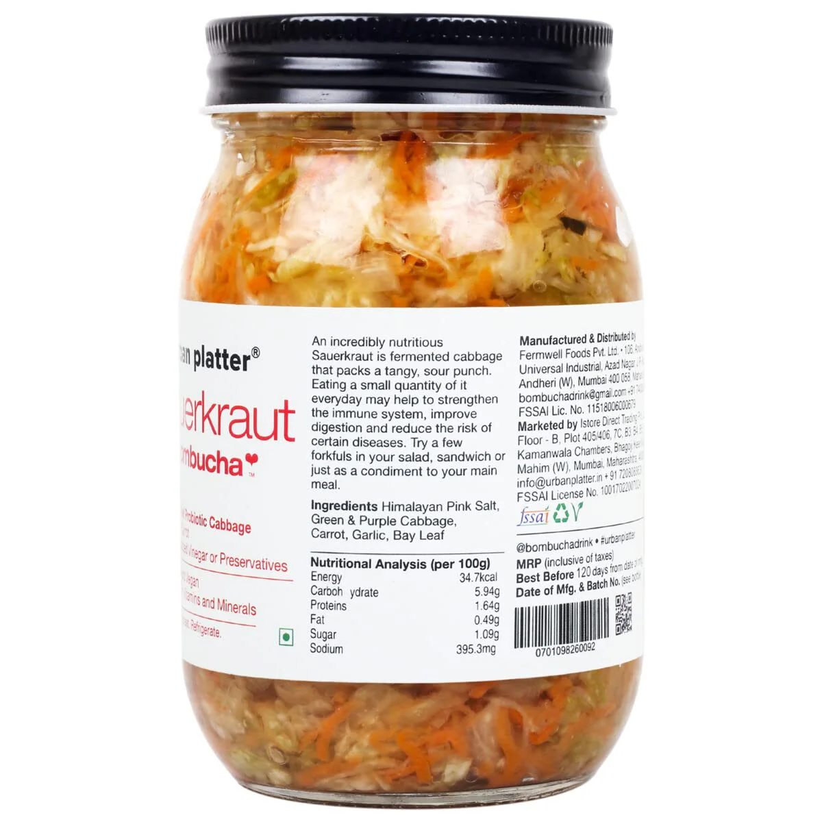 Sauerkraut Original Pickled Probiotic Cabbage with Carrot, 450g (Raw, Organic | Powered by Bombucha) - Image 3