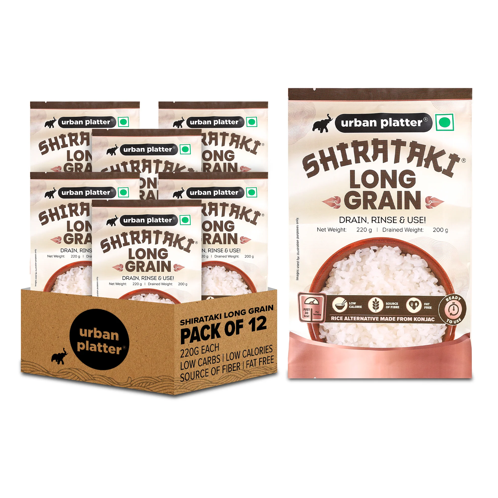 Shirataki Long-Grain Rice, 220g, Pack of 12 (Keto-friendly, Low-Carb, Low-Calories, Fat-free, Gluten-free, Konjac Miracle Rice)