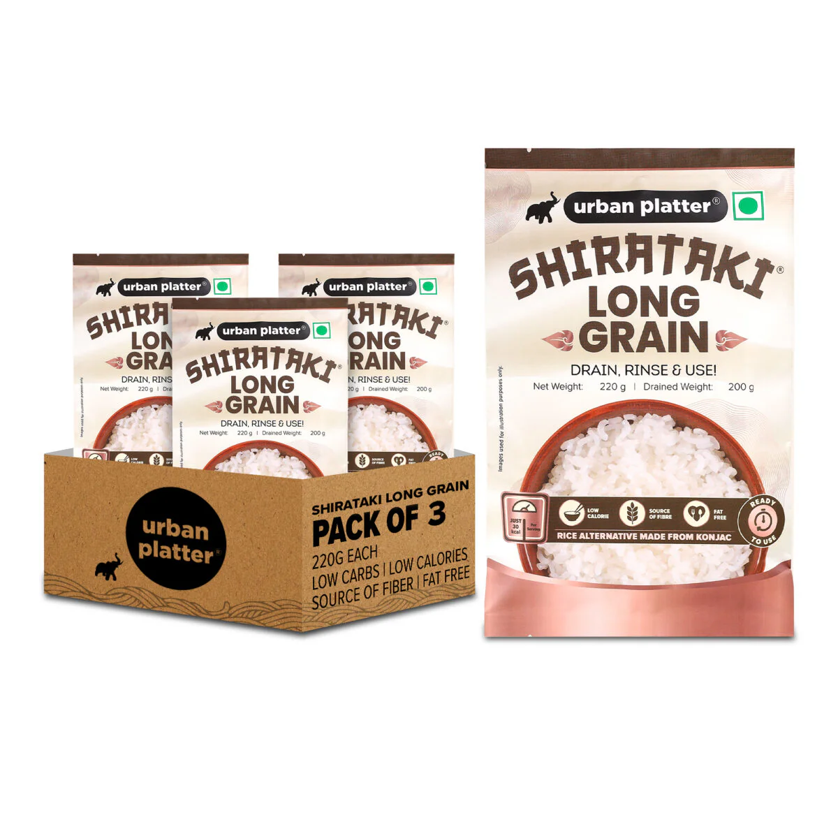 Shirataki Long-Grain Rice, 220g, Pack of 3 (Keto-friendly, Low-Carb, Low-Calories, Fat-free, Gluten-free, Konjac Miracle Rice)