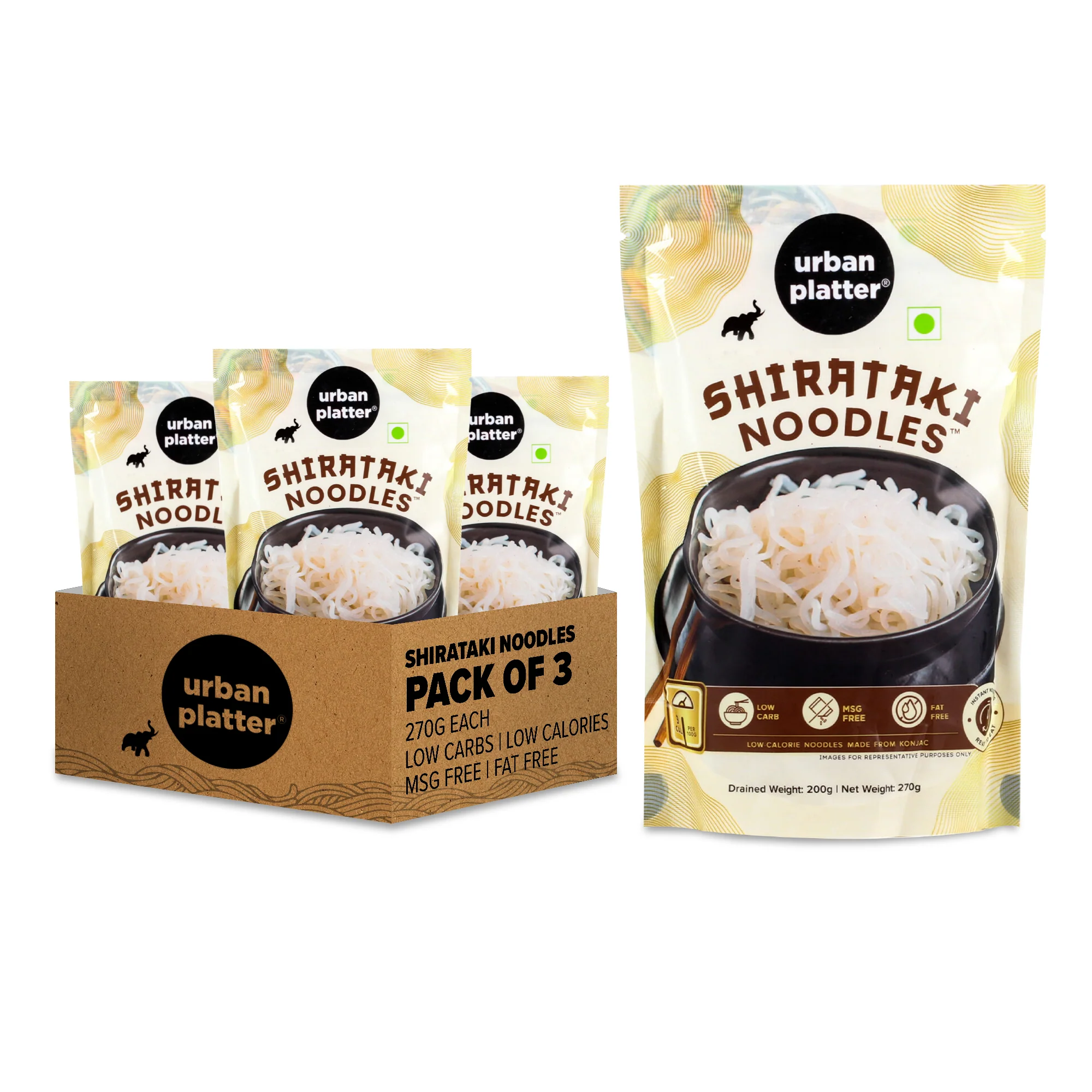 Shirataki Konjac Noodles, 270g, Pack of 3 (Zero Calorie, Fat-free, Gluten-free, Low Carb, Keto, Ready to Use)