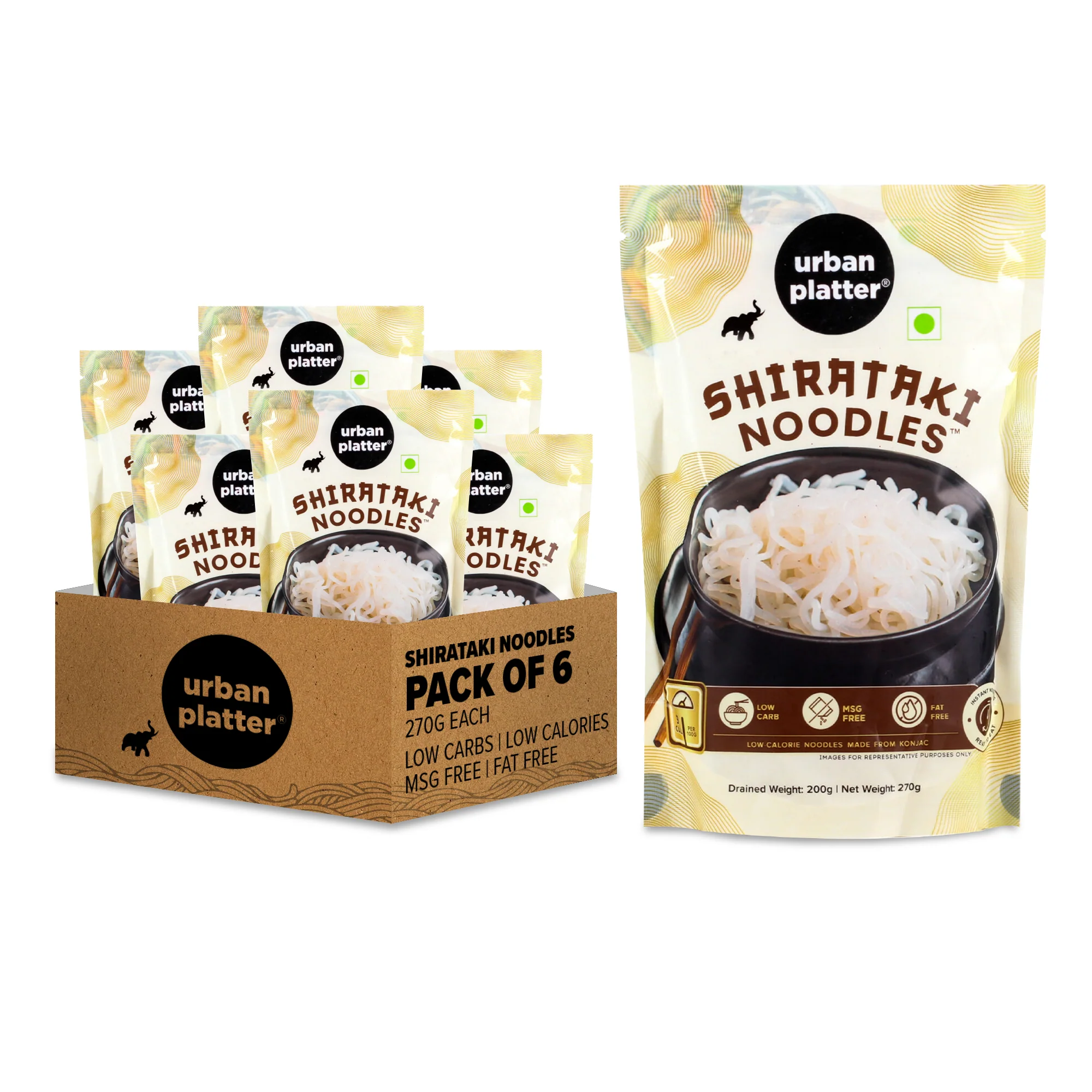 Shirataki Konjac Noodles, 270g, Pack of 6 (Zero Calorie, Fat-free, Gluten-free, Low Carb, Keto, Ready to Use)