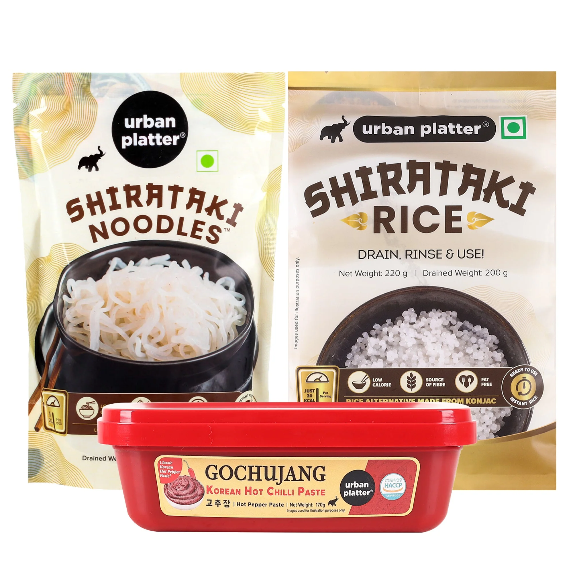 Shirataki Noodles, 270g + Shirataki Short-grain Rice, 220g + Classic Korean Gochujang, 170g (Combo pack)