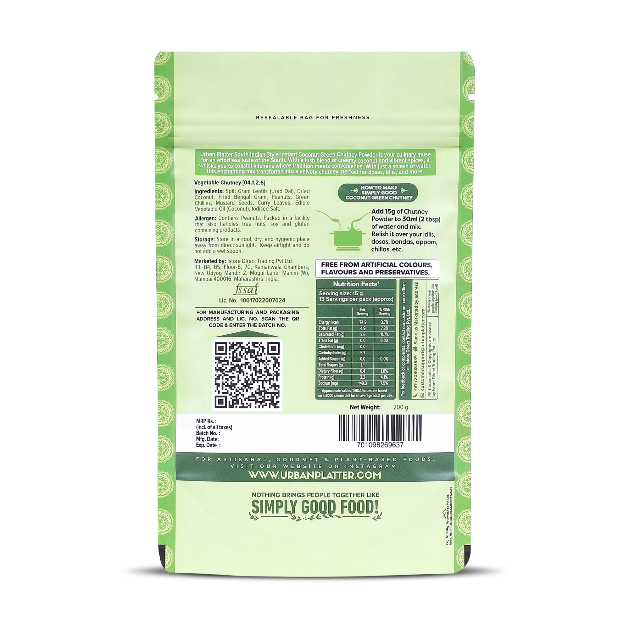 South Indian Style Instant Coconut Green Chutney Powder, 200g [Nariyal ki Chutney, Just Add Water] - Image 2