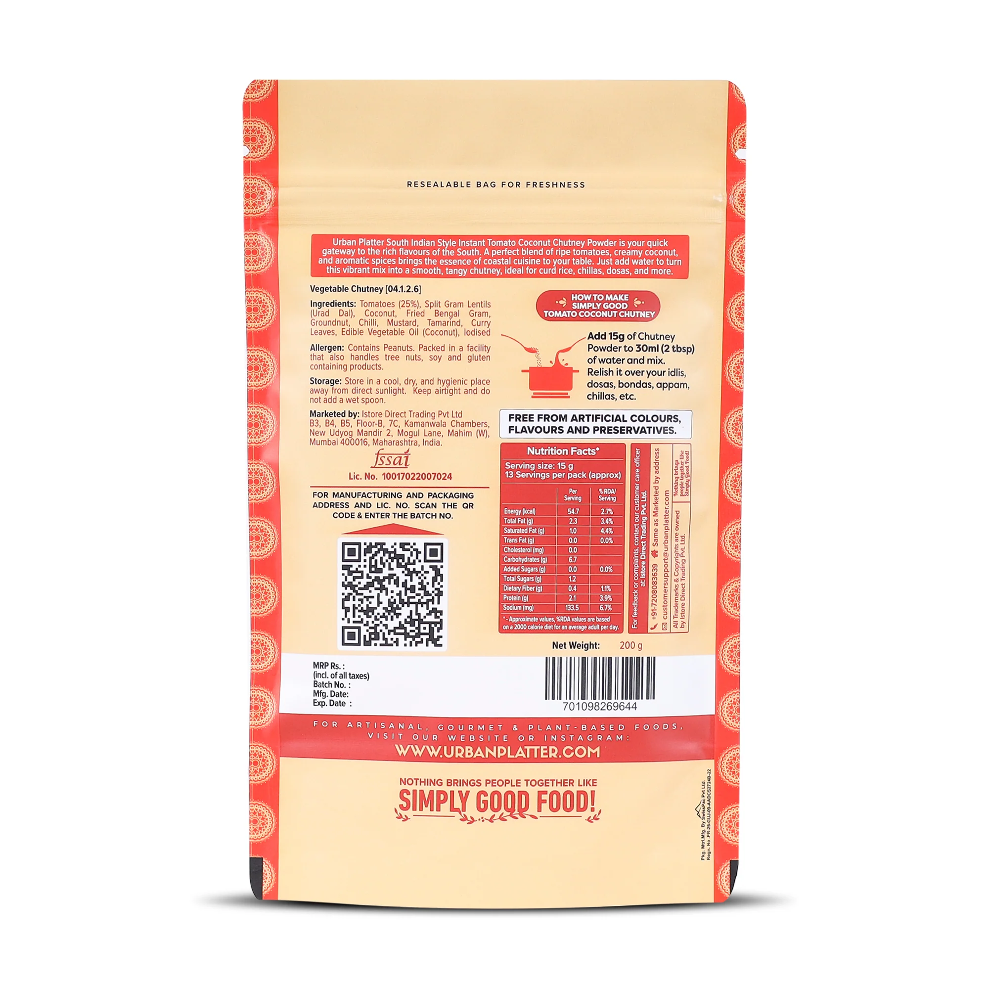 South Indian Style Instant Tomato Coconut Chutney Powder, 200g (Nariyal ki Chutney, Just Add Water) - Image 2
