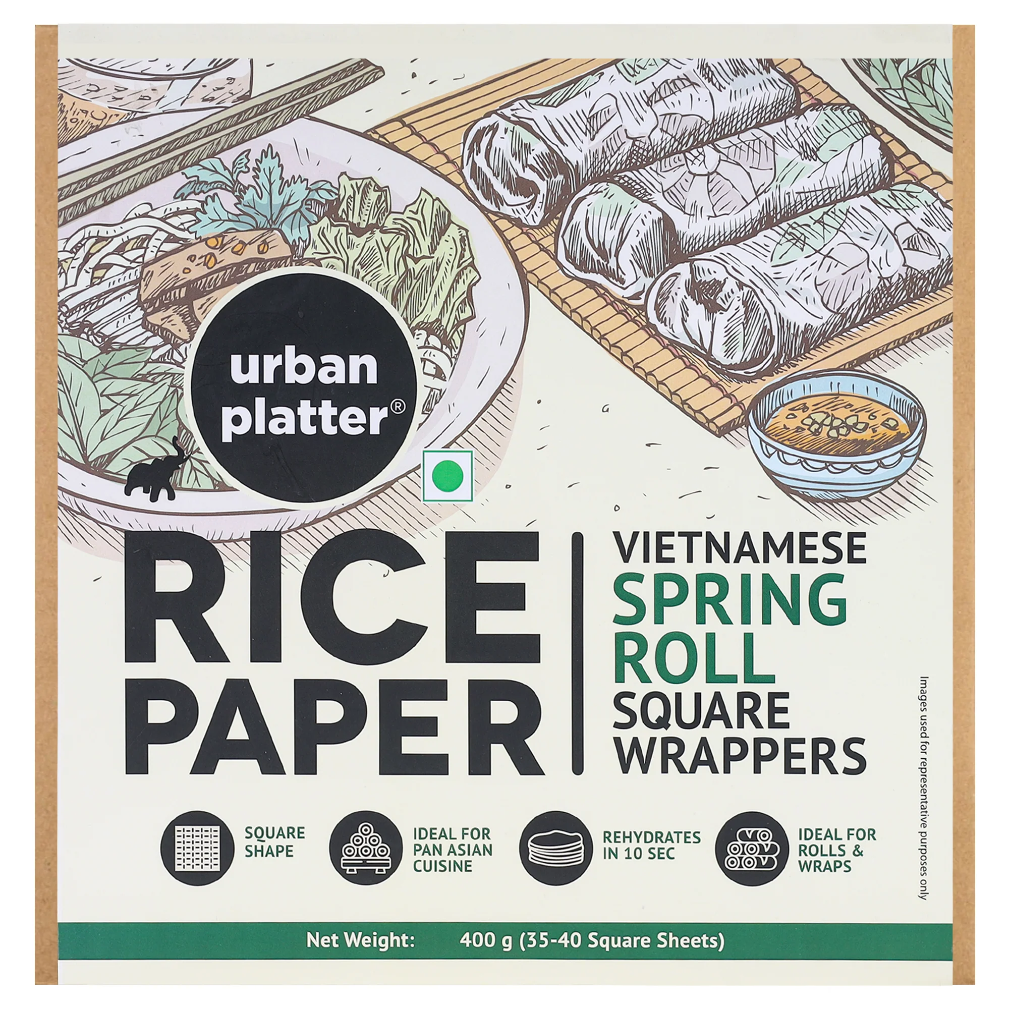 Square Rice Paper Sheets, 400g (Vietnamese Spring Roll Wrappers, Gluten-free, 22 cm each, Easy to Roll)