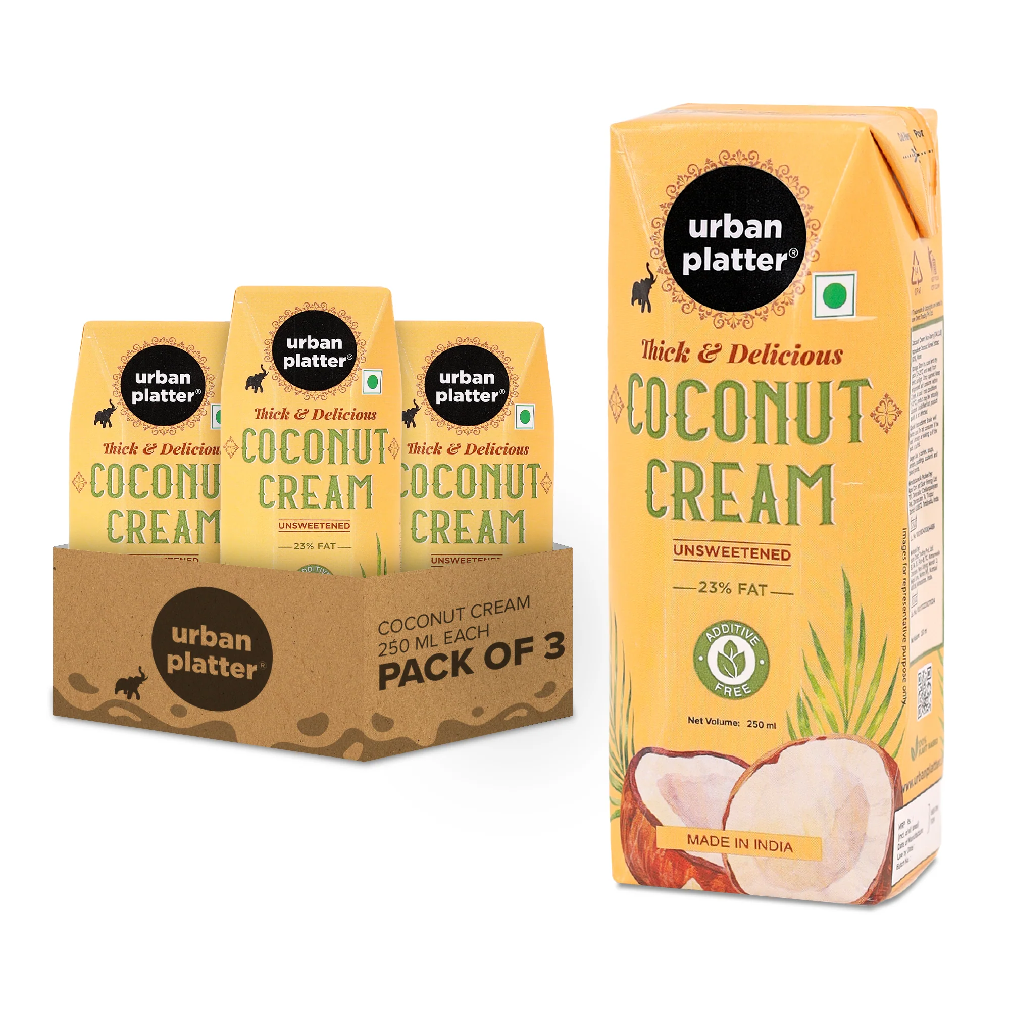 Coconut Cream, 250ml (Additive-free | 23% Fat | Pack of 3)