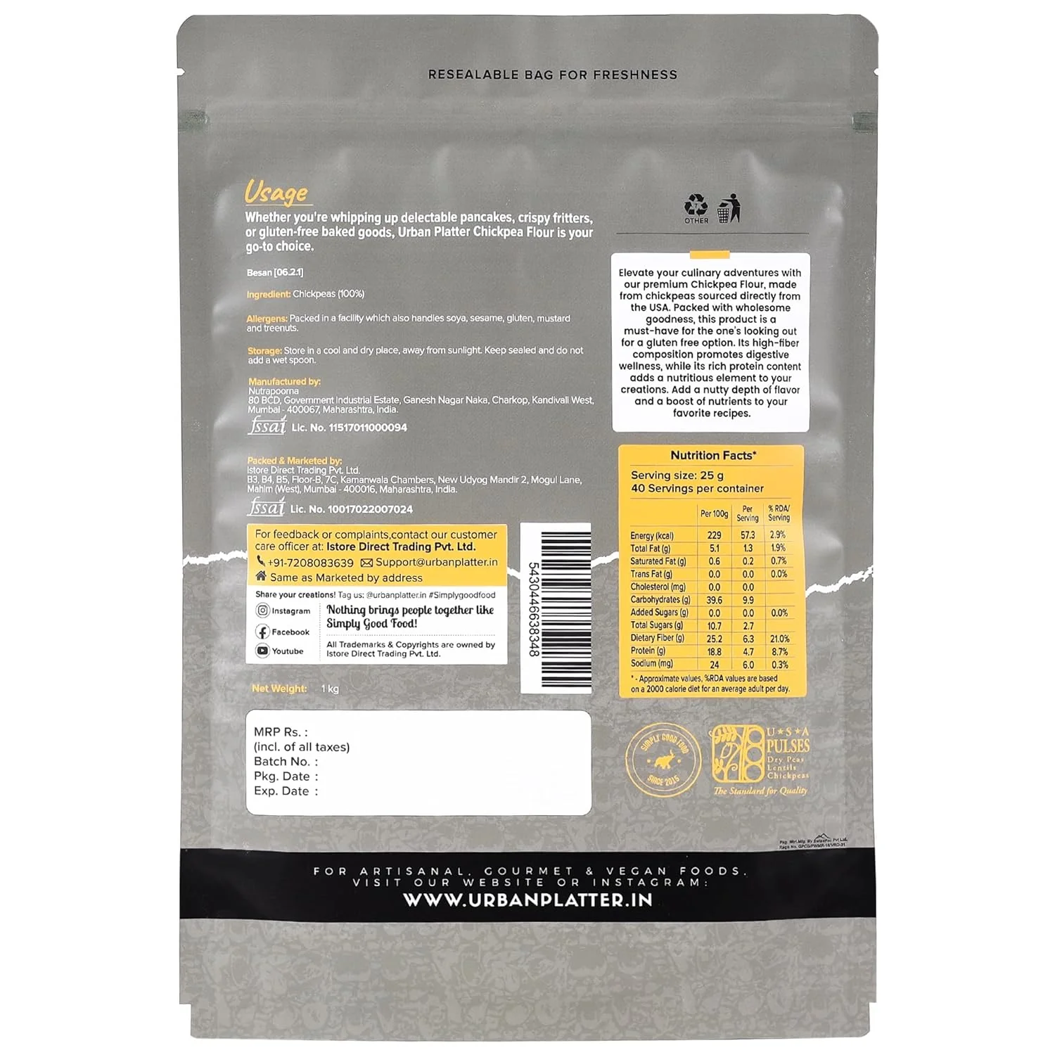 USA Chickpeas Flour, 1Kg (High in Fiber & Protein, Ideal for Baking, Gluten-free) - Image 2